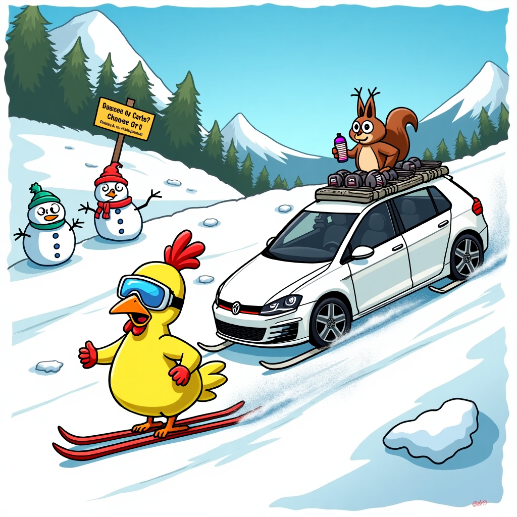 Skiing, Chicken, White Golf GTI, and Gym Birthday Card