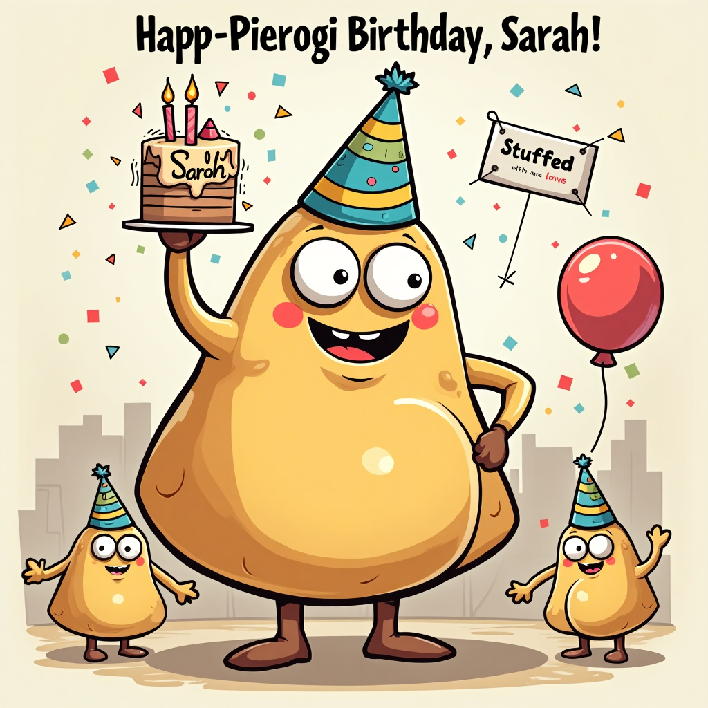 At the top of the cartoon image: "Hap-Pierogi Birthday, Sarah!"

Prompt for the image:  
A funny cartoon-style illustration featuring a giant, cheerful pierogi character with googly eyes and stubby little arms. The pierogi is wearing a colorful birthday hat that's slightly askew and holding a lopsided birthday cake in both hands. The cake is clearly handmade (and hilariously imperfect), with the name "Sarah" scrawled in squiggly icing on top—one letter drooping over the side. In the background, there's a party scene with confetti raining down, other smiling pierogis wearing party hats, and a banner that says “Stuffed with love!” One of the pierogis is trying to blow up a balloon and accidentally floating away. The whole vibe is silly, joyful, and irresistibly ridiculous.
Generated with these themes: Pierogi holding birthday cake with sarah written in the icing.
Made with ❤️ by AI.