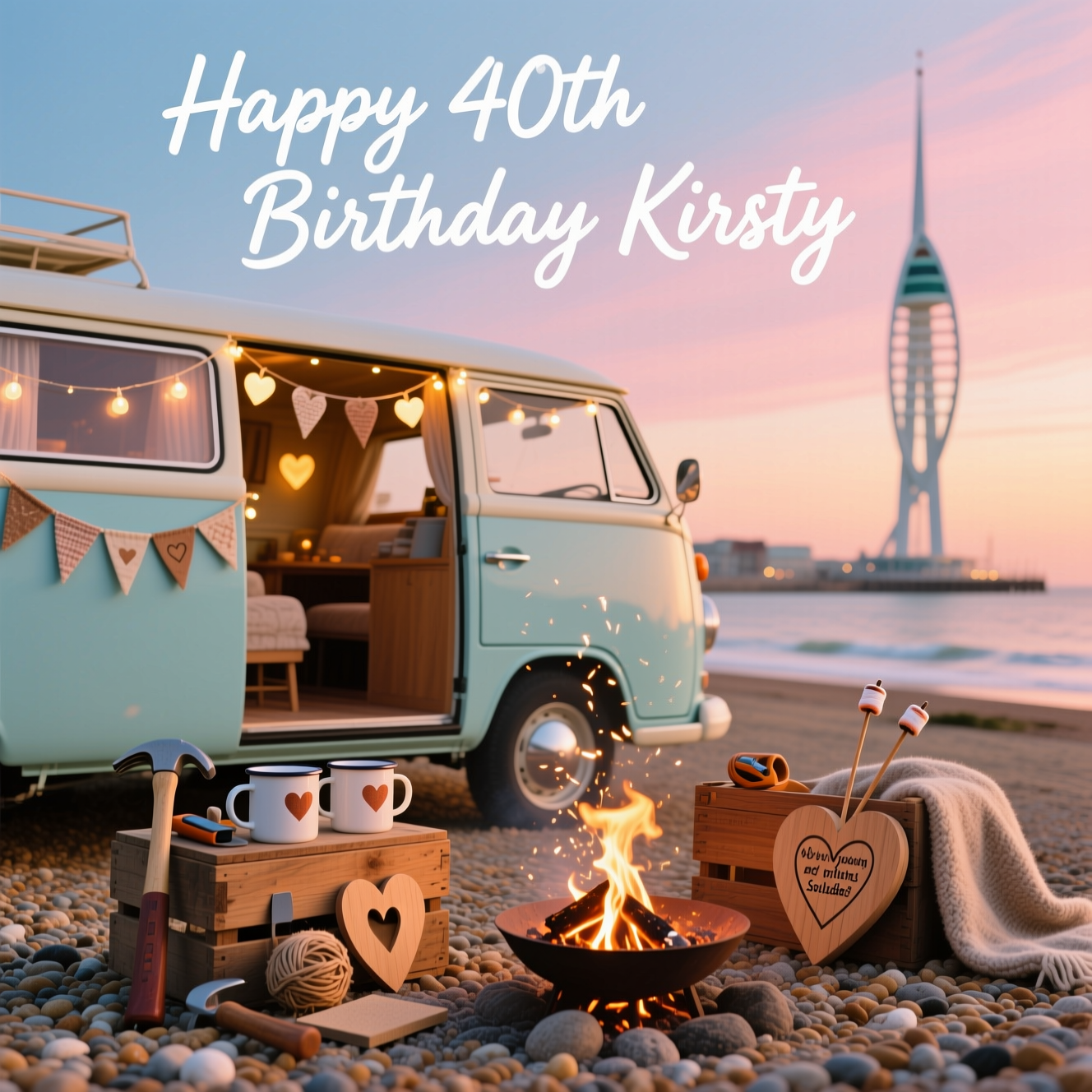 At the top of the Photorealistic picture taken from a camera image, Happy 40th Birthday Kirsty

Ultra-high-definition 4K UHD photograph, sincere mood, realistic style. Golden-hour scene on Southsea seafront, Portsmouth: a vintage pastel-blue camper van parked on the shingle beach, sliding door open to reveal a cozy interior strung with warm, heart-shaped fairy lights and handmade bunting. In the foreground, a small, safe fire pit crackles; soft sparks drift upward, reflected in two enamel mugs with subtle heart motifs resting on a reclaimed-wood crate. Beside the crate: a tidy DIY toolkit (hammer, hand plane, twine, sandpaper) and a small, half-finished wooden heart plaque, lovingly carved. The Solent glows copper and blue; in the distance, the Spinnaker Tower rises against a soft, peach-pink sky. A wool blanket and a couple of marshmallow sticks lean against the crate, suggesting presence without showing people, keeping the moment intimate and sincere. Textures are lifelike: pebbles, van paint, canvas bunting, wood grain, and the embers of the fire. Warm, natural light wraps the van and fire; gentle sea breeze lifts the bunting.

Typography: The main text “Happy 40th Birthday Kirsty” appears in warm white, elegant handwritten script, positioned across the open sky above the van, subtle drop shadow for legibility, tasteful and not overpowering.

Additional caption: At the bottom, small, warm handwritten script reads: “40 years young and still fixing everything—hearts included.”

Camera details: shot on a full-frame camera, 35mm lens, f/2.0, ISO 200, 1/250s; shallow depth of field with crisp focus on the camper van door, mugs, and fire; soft bokeh in the distance, rich dynamic range, true-to-life color grading.
Generated with these themes: Camper van, diy, fires, Portsmouth, hearts and love, and .
Made with ❤️ by AI.