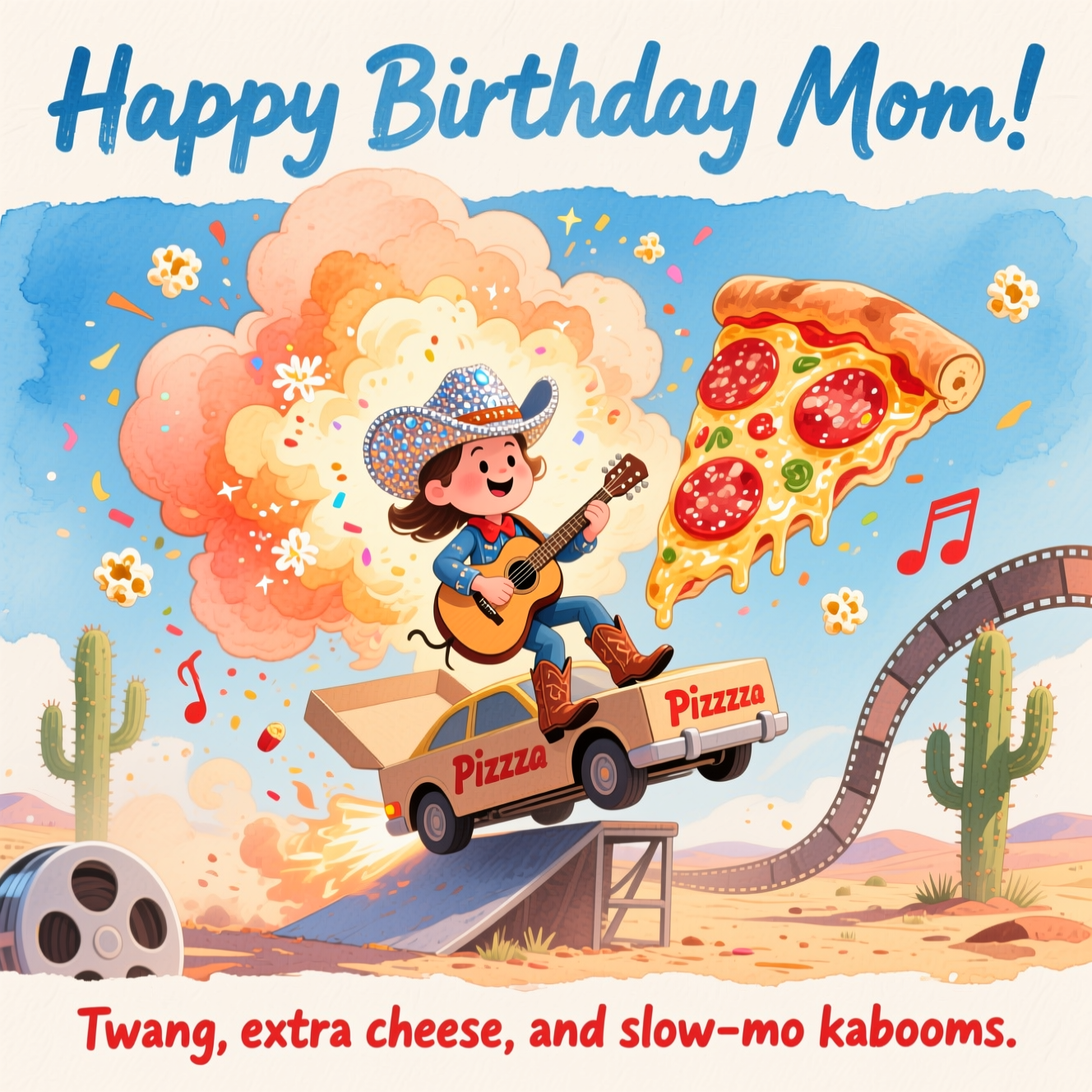 At the top of the Watercolor Style image, "Happy Birthday Mom!"

At the bottom of the image, "Twang, extra cheese, and slow‑mo kabooms."

Paint a soft, funny watercolor scene: center a cheerful pepperoni pizza slice wearing a rhinestone cowgirl hat and boots, strumming a tiny acoustic guitar while rodeo-riding a stunt car shaped like a pizza box as it launches off a ramp. Behind them, a big, fluffy pastel-orange “explosion” plume billows in slow motion—render it as delicate watercolor blooms with sparkly confetti speckles and a few flying popcorn kernels for over-the-top action-movie vibes (playful, not dangerous). Let film reels roll like desert tumbleweeds and curve a couple of cacti into subtle musical-note shapes. Use warm cheddar golds and pepperoni reds melting into denim-sky blues; keep everything airy with soft washes, gentle gradients, natural paper texture, pigment blooms, and light splatters. Leave generous clean wash space at top and bottom for the text; headline in bold hand-painted brush lettering (denim blue), punchline smaller and playful (pepperoni red). Overall mood: country twang meets pizza-fueled, mindless blockbuster chaos—sweet, cheeky, and celebratory.
Generated with these themes: Country music, Pizza, Mindless action movies, and .
Made with ❤️ by AI.