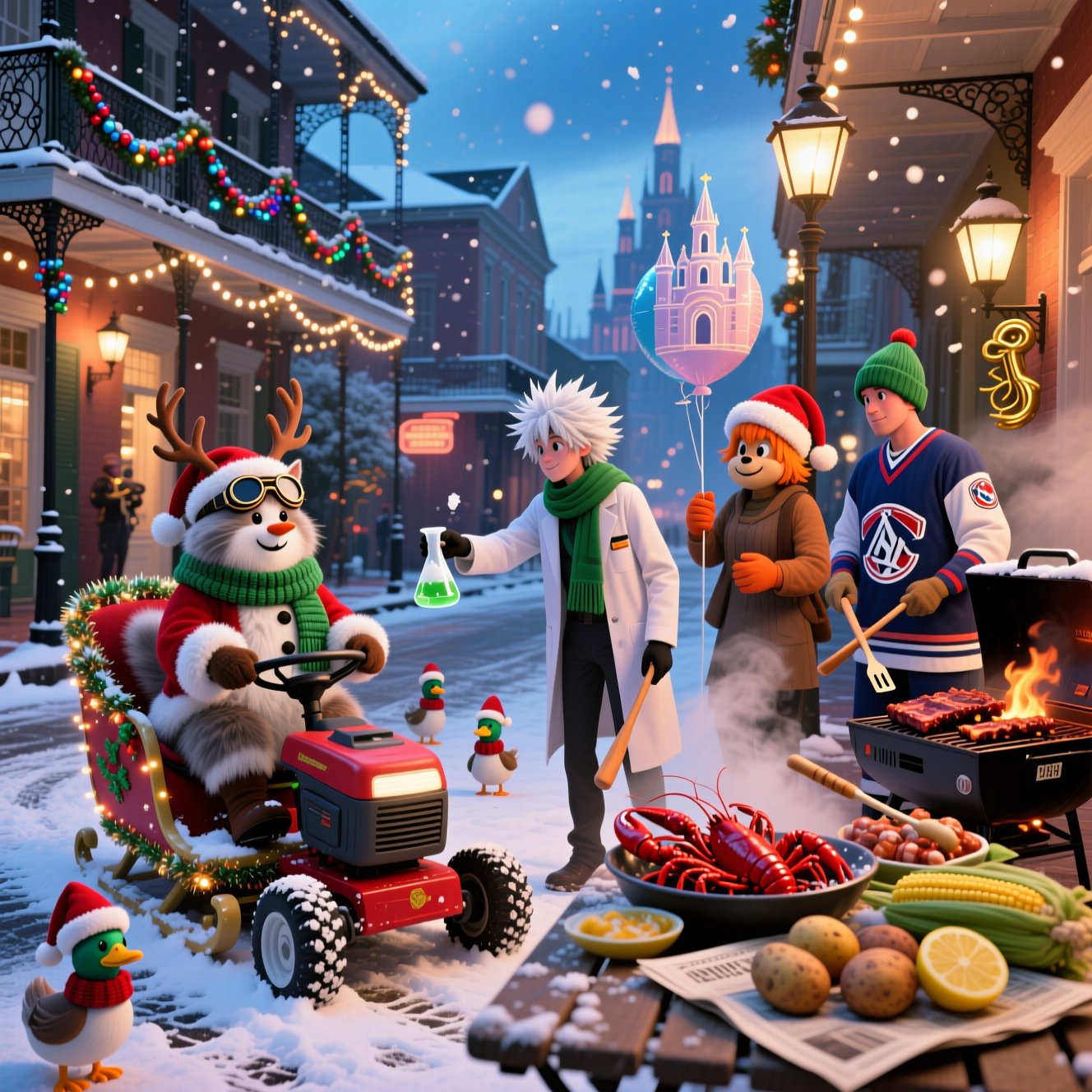 Prompt:
Ultra‑high‑definition 4K photorealistic street scene in the New Orleans French Quarter at blue hour, gently falling snow, warm string lights and gas lamps glowing on wrought‑iron balconies, garlands and beads draped everywhere. Center-left foreground: a cheerful Santa snowman riding a decked‑out ride‑on lawn mower turned into a sleigh (tinsel, fairy lights, reindeer antlers on the hood), fresh slushy tire tracks. On the seat sits a fluffy brown-and-gray Persian cat in tiny aviator goggles and a knit scarf, looking unimpressed. A waddling line of ducks in mini scarves and Santa hats crosses the street.

Right side: an outdoor folding table piled with a steaming New Orleans seafood boil—red crabs, crawfish, corn, potatoes, lemons on newspaper—next to a smoker grill stacked with glossy ribs and brisket (BBQ food), steam rising, lit warmly. Midground characters: a scientist cosplayer inspired by a science anime (wild spiky white hair, leaf‑green scarf, lab coat) pours foaming “snow” from a beaker onto the snowman; a fan in a NY Yankees cap and pinstripe jersey flips ribs with a bat‑shaped spatula; another in a NY Rangers hockey jersey and beanie roasts a marshmallow over the smoker using a hockey stick. A tourist in mouse‑ear Santa hat holds a castle‑shaped balloon nodding to Disney World. Nearby, a Heat Miser inflatable/costumed performer with fiery orange hair warms hands near the grill, side‑eyeing the snowfall.

Background: French Quarter balconies, subtle neon, a brass musician, soft bokeh from string lights; footprints in wet snow on old brick. Natural skin tones, crisp fur and fabric textures, realistic steam and snowflakes, rich depth of field.

Camera and lighting:
- Full‑frame DSLR look, 35mm lens, f/2.8, ISO 400, 1/250s
- Low eye‑level angle, shallow depth for creamy bokeh
- Mixed warm practicals + cool ambient blue hour; soft bounce fill on faces; specular highlights on snow and chrome

Style notes:
- Photorealistic, lifelike textures, true‑to‑life color, no excessive saturation
- No watermarks, no extra text except the caption

Small caption text (one line):
“Sleighin’ in the Bayou—where snow meets gumbo.”

Caption placement and style:
- Small, hand‑lettered white script with a subtle drop shadow, bottom right corner, unobtrusive yet readable.
Generated with these themes: Santa snowman, Dr. Sone anime, NY Yankees baseball, New Orleans, brown and gray Persian cat, ride on lawn mower, Disney World,  BBQ Food, seafood boil with crabs, ducks, heat miser,  NY Rangers Hockey , and .
Made with ❤️ by AI.