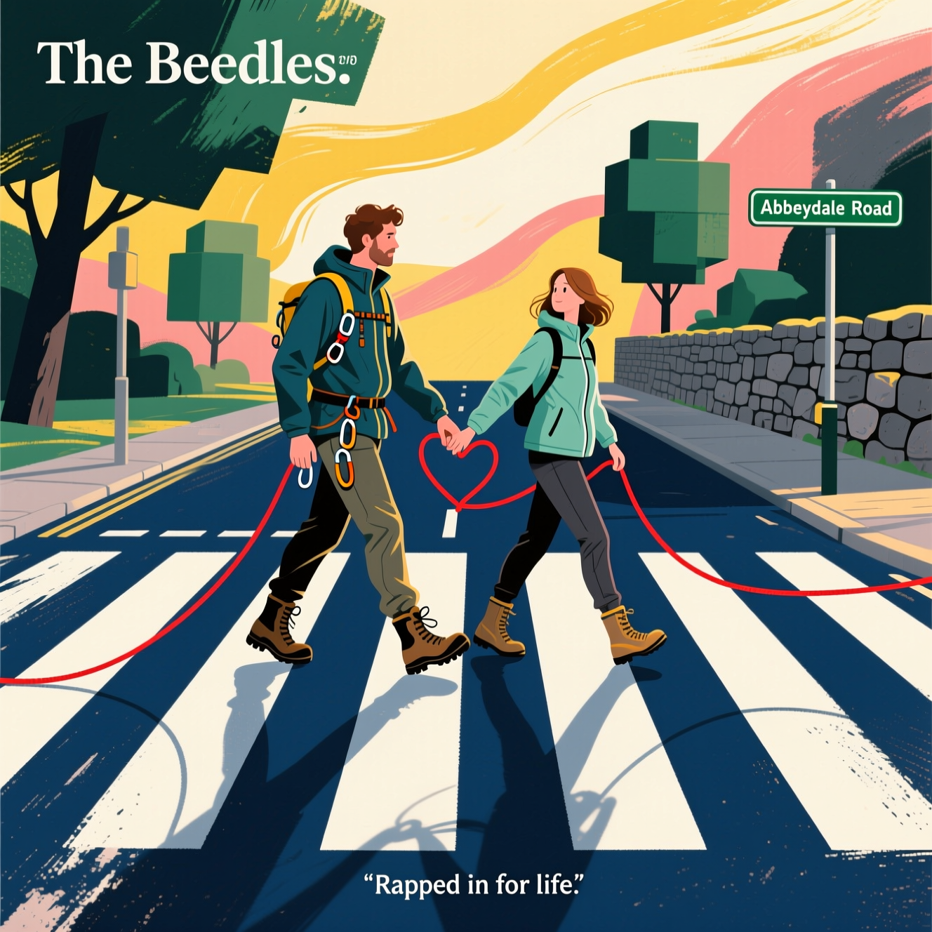 Abstract, sincere wedding image in a modern, expressive style. Vertical 4:5. A bold homage to a famous crosswalk scene without replicating it: crisp, geometric zebra-cross stripes as broad white rectangles cutting across a deep navy roadway, overlaid with dynamic brush-stroke textures and fluid, topographic-like curves. High-contrast palette: midnight blue, ivory, sunflower yellow, blush coral, emerald green, and charcoal, with warm golden light glowing behind the couple.

At center, only two stylized figures crossing left to right:
- The man slightly taller (approx 5'10), brown hair, in mountaineering gear: weatherproof jacket, trekking pants, sturdy boots, subtle harness loops and a couple of carabiners.
- The woman slightly shorter (approx 5'5), mousy brown/blonde hair, in mountaineering gear: softshell jacket, trekking pants, boots. 
They hold hands; a red climbing rope drapes between them forming a gentle heart curve. Their long soft shadows stretch across the geometric stripes. Minimal facial detail, not photoreal—keep forms simplified and elegant.

Background elements are abstracted: blocky trees, a stone wall suggested with textured shapes. A simple green street sign reads: Abbeydale Road. At the top-left, album-style title text (clean modern sans-serif, not the original logotype): The Beedles.

Add a small, single-line caption at the bottom center (subtle, elegant): “Roped in for life.”

Emphasize expressive paint textures, fluid curves, and motion; keep it modern, high-contrast, and unmistakably abstract. No other people or vehicles.
Generated with these themes: A knock of of the Abbey road The Beetles cover, with "The Beedles" instead and "Abbeydale Road", Mountaineering , Climbing , Outdoor gear, and .
Made with ❤️ by AI.