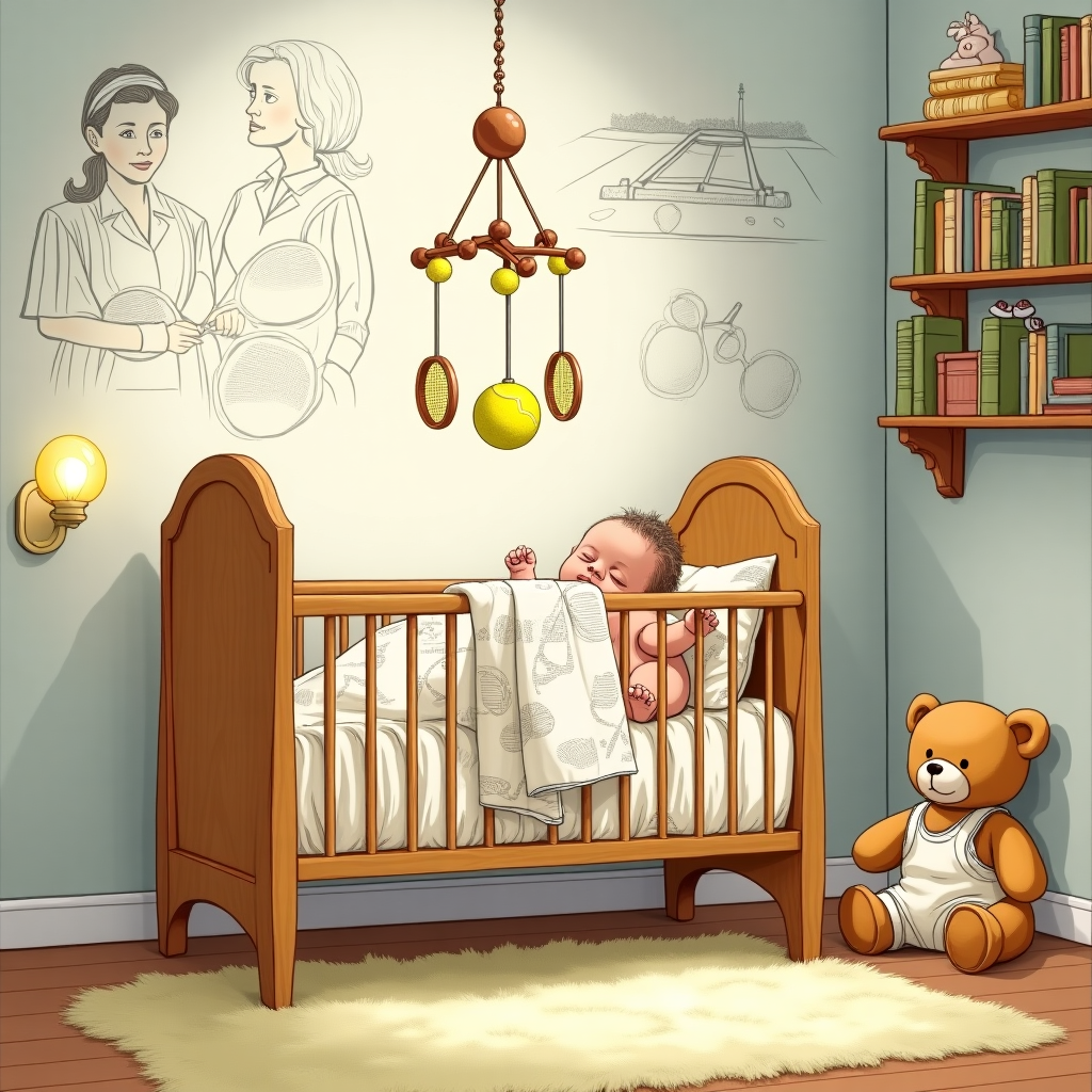 In this enchanting new-baby greeting card illustration, imagine a cozy nursery, warmly lit by the soft glow of a nearby nightlight shaped like a tennis ball. The focal point is a beautifully detailed line drawing of a wooden baby cot with elegant curves reminiscent of Victorian craftsmanship. Nestled inside the cot is a peacefully sleeping baby, snugly wrapped in a tennis-themed blanket, featuring adorable patterns of tiny rackets and bouncing balls.

Surrounding the cot, the nursery's walls are adorned with whimsical, hand-drawn sketches of tennis courts, cleverly integrating family portraits of the tennis-loving parents in their finest vintage tennis attire, complete with rackets poised for play. A charming mobile hangs above the cot, its delicate strings holding miniatures of tennis nets, rackets, and tiny sneakers, all gently swaying in an imagined breeze.

In the background, a wooden shelf holds a collection of classic children's books with titles cleverly altered to have tennis-themed puns, their spines aligned neatly. A plush carpet sprawls across the floor, its pattern resembling the grass courts of Wimbledon, adding to the thematic continuity. Finally, in the corner, a friendly plush teddy bear, dressed in a tiny tennis outfit with a sweatband, sits watchfully as if ready to rally at a moment's notice. This scene, infused with playful nods to tennis and family warmth, tells a charming story of new beginnings and shared passions.
Generated with these themes: A new baby with two tennis loving parents, Line drawing style, At home in a cot, and .
Made with ❤️ by AI.