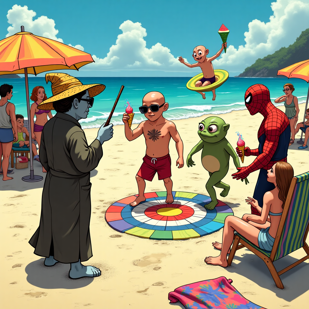 On a vibrant, bustling beach reminiscent of a scene from an offbeat comic strip, a peculiar gathering unfolds. The sandy shore is dotted with colorful umbrellas and vibrant beach towels, while the ocean waves gently crash in the background. Center stage, Voldemort, wearing oversized sunglasses and a sunhat with a floral pattern, points his wand dramatically at a flustered Heisenberg, who is donning his signature pork pie hat and shades, but now with a Hawaiian shirt. Heisenberg holds up a test tube filled with a glowing blue liquid, evidently trying to negotiate his way out of this sticky situation, while Aang, the airbender, is casually floating beside him on a mini whirlwind, munching on a watermelon slice.

In the backdrop, Frodo, clad in a Hobbit-sized pair of swim trunks, is entangled with Gollum, Mr. Bean, and a sunburned Mr. Bean in a chaotic game of beach Twister. Each of them is struggling to maintain balance on a multicolored Twister mat that's half buried in the sand. Gollum's long fingers are twisted awkwardly, while Frodo's ring glistens in the sunlight.

Nearby, Spiderman is frozen mid-action with a giant ice cream cone, his spider sense tingling wildly as he looks over his shoulder. Behind him, Professor Snape is in an unusually festive mood, sporting beach shorts under his usual robe, suavely chatting with Mary-Jane Watson, who is lounging on a striped beach chair, clearly amused by Snape’s awkward attempts at charm.

The scene is brimming with energy and humor, each character caught in an unexpected narrative twist that brings their diverse worlds together in a sun-soaked and utterly zany tableau.
Generated with these themes: Voldemort shouting 'Avada Kedavra' at Heisenberg from breaking bad who is talking to Ang from Avatar the last airbender, Frodo is in the background playing twister with gollum and mr.bean, All set at the beach, and Spiderman is there and his spider sense is going off because behind him professor snape is flirting with mary-jane watson.
Made with ❤️ by AI.
