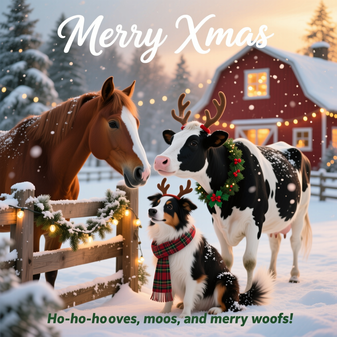 At the top of the Photorealistic picture taken from a camera image, "Merry Xmas"

At the bottom of the image, "Ho-ho-hooves, moos, and merry woofs!"

A cute, ultra-realistic 4K UHD winter farm scene at golden hour, portrait orientation. Center foreground: a friendly chestnut horse with a white blaze leans over a rustic wooden fence draped in warm fairy lights and frosted evergreen garland, softly nuzzling a black-and-white Holstein cow wearing a small holly wreath collar. Between them sits a playful tricolor border collie in a tartan scarf and felt reindeer antlers, nose dusted with snow, tail mid-wag. Gentle snowflakes fall; soft breath clouds puff from the animals in the crisp air. Background: a cozy red barn with glowing window light, snow-laden pines, and creamy bokeh from string lights. Rich depth of field with the trio in tack-sharp focus, lifelike fur textures (whiskers, eyelashes, and snow crystals visible), realistic wood grain, and powdery snow detail.

Lighting and camera: natural golden-hour light with soft rim highlights, accurate color, balanced contrast; shot at eye level on an 85mm prime, f/2.0–f/2.8, ISO 200, 1/250s, shallow depth of field and cinematic bokeh.

Text styling: 
- Top headline “Merry Xmas” in warm-white hand-painted script, subtle embossed shine and a soft gold glow, centered in the open sky for high legibility.
- Bottom punch line in friendly, clean sans-serif, charcoal or deep forest green, lightly shadowed against the snow.

Absolutely photorealistic: no illustration, no CGI, no cartoon elements. Cozy, heartwarming, and irresistibly cute.
Generated with these themes: Horses, cows, dogs, and .
Made with ❤️ by AI.
