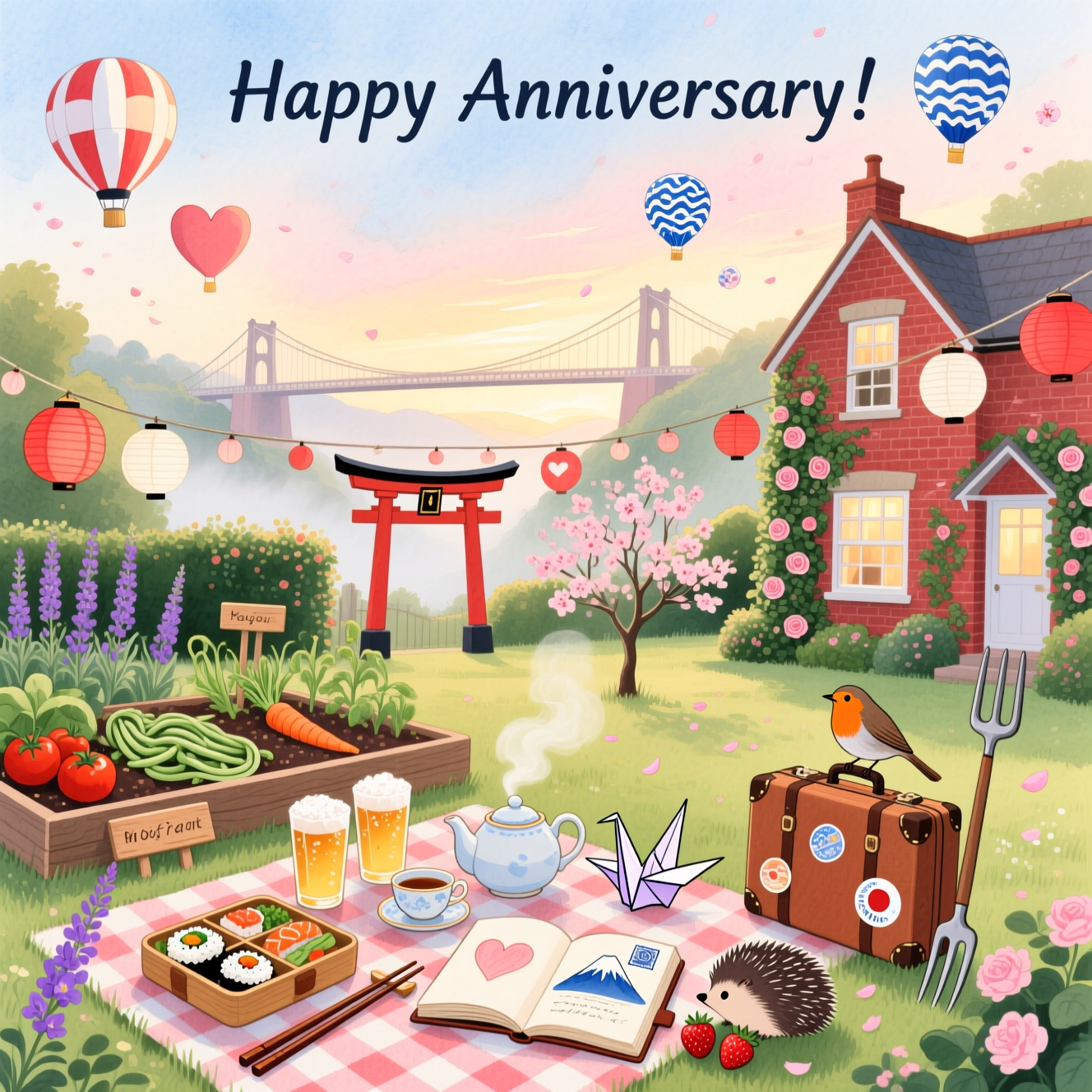 At the top of the Watercolor Style image, Happy Anniversary!

Romantic watercolor scene, portrait composition with generous airy space at the top. Soft watercolor washes, delicate gradients, subtle pigment blooms, and visible natural paper texture throughout. Foreground: a cozy picnic in a lush English garden—gingham blanket, bento with sushi and onigiri, lacquered chopsticks, two frosty beers, a porcelain teapot with two teacups, steam curling into a faint heart. A travel journal open to a sketched torii gate and a tiny Mount Fuji stamp, two folded paper cranes, and a suitcase with Japan stickers. Nearby a thriving vegetable garden with raised beds of tomatoes, runner beans, and carrots with little wooden labels; lavender, foxgloves, and climbing roses. A bright robin perches on a garden fork while a shy hedgehog snuffles near strawberries. Midground: our warm red brick house draped in ivy and roses, windows aglow; red-and-white paper lanterns strung across; a small ornamental cherry tree releasing a few pink petals. Background: the Clifton Suspension Bridge spanning a misty Avon Gorge, bathed in golden-hour light; the sky dotted with Bristol Balloon Fiesta hot air balloons—some heart-shaped, others patterned with indigo seigaiha waves and cherry blossoms—drifting serenely. Palette: blush pinks, moss and sage greens, indigo and sky blues, warm brick reds; soft edges, gentle granulation, painterly blooms. Add a small handwritten caption near the bottom: My cup of tea and my perfect pint. Mood: tender, nostalgic, travel-kissed romance; large, image-first focus.
Generated with these themes: Garden, plants, travelling to Japan, our red brick house, picnics, Japanese food, beer, English tea, vegetable garden, Bristol balloon fiesta, clifton suspension bridge, English wildlife, and .
Made with ❤️ by AI.
