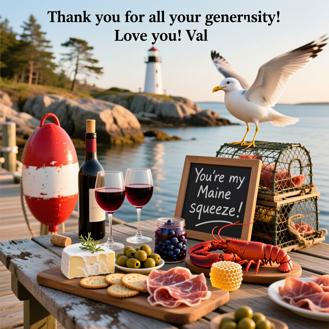 Red wine, charcuterie , Maine coast, and Thank-you Card