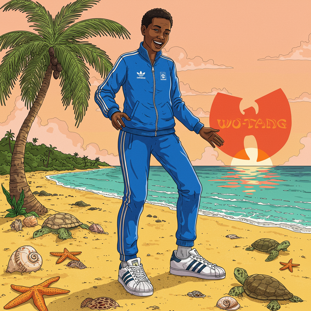 **Front Cover Illustration Concept:**
**Foreground:**
1. **Central Figure:** In the middle of the card, draw a cartoonishly exaggerated figure of a person in a lively pose, as if they're about to break into dance. The figure is wearing a classic Adidas tracksuit – vibrant cobalt blue with the iconic white stripes down the sleeves and legs, and the Adidas logo prominently featured on the jacket's chest.
2. **Adidas Sneakers:** On their feet are pristine, white Adidas sneakers with the classic shell toe and three black stripes. The sneakers have exaggeratedly large tongues and are detailed with fine line work to highlight their texture.
**Midground:**
3. **Beach Scene:** The figure stands on a sandy Barbados beach. The sand is golden yellow, illustrated with intricate details to give it a textured look. Scattered around the sand are seashells, some half-buried, with detailed linework and shading reminiscent of Edward Gorey’s style.
4. **Palm Trees:** To the left, add a couple of tall palm trees with sweeping fronds, each leaf carefully detailed with fine lines. The trunks have a slight twist, adding a whimsical touch, with intricate bark patterns inspired by Arthur Rackham.
**Background:**
5. **Ocean and Sky:** Behind the figure, the Caribbean Sea stretches out, with gradations of teal and turquoise, giving a sense of depth. The sky is a soft, pastel pink-orange, suggesting a sunset or sunrise, with a few wispy clouds drifting lazily.
6. **Wu-Tang Clan Logo:** The sun, setting just above the horizon, is depicted as the iconic Wu-Tang Clan logo. It glows a fiery orange-red, casting a long reflection on the water. The logo is detailed with subtle highlights and shadows, giving it a three-dimensional appearance.
**Additional Elements:**
7. **Sea Turtles:** Near the water’s edge, a couple of cartoonish sea turtles peek out from the waves, with large expressive eyes and detailed shells reminiscent of Beatrix Potter’s animals.
8. **Flying Birds:** In the sky, a small flock of seagulls flies across, each bird drawn with delicate lines and slight touches of color, inspired by Quentin Blake’s fluid style.
9. **Beach Ball:** To add a playful touch, include a bright beach ball bouncing near the figure’s feet. It features stripes of bold primary colors – red, blue, yellow – drawn with a slight distortion to emphasize movement.
**Borders and Text:**
10. **Decorative Border:** Frame the entire scene with a thin, elegant border of black ink, incorporating elements like seashells and Adidas logos subtly intertwined, inspired by Aubrey Beardsley’s intricate designs.
This detailed, eclectic mix of elements pays homage to the artistic styles of the past while humorously blending the themes of Barbados, Adidas, and Wu-Tang Clan, perfect for a unique birthday card cover.
Generated with these themes: Barbados, Adidas, and Wu-tang Clan.
Made with ❤️ by AI.