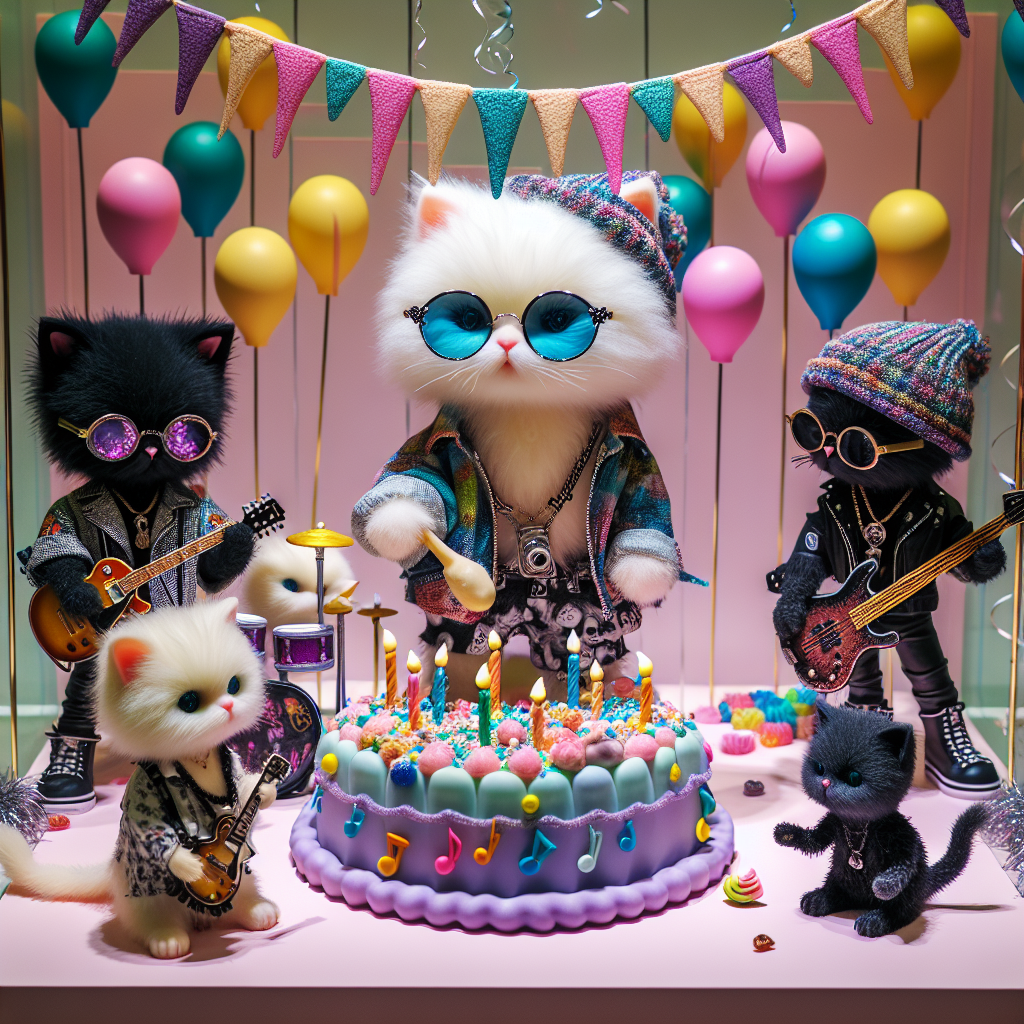 Portray an adorable animated birthday tableau. The central figure is a fluffy white feline donned in cool, unconventional clothing. Revolving around the festivities are a pair of chic black felines, their attire reflecting a punk-rock lifestyle and passion for rock music, which is emphasized by their miniature guitars. Multicolored balloons and streamers embellished with musical notes flutter above the scene. Nestled in a corner is an eccentric soap-crafting station, drawing in guests with its spectrum of cat-themed soaps in all the colors of the rainbow. This adds a distinctive allure to the celebratory event.
Generated with these themes: White cat, 2 black cats, Rock music, Alternative clothes, and Soap.
Made with ❤️ by AI.