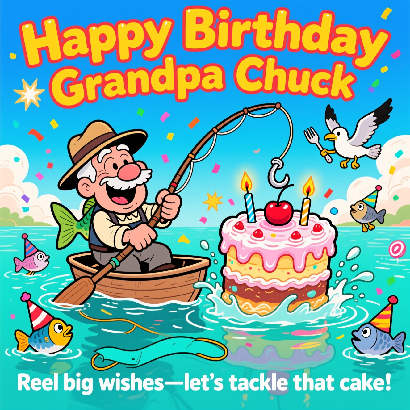 At the top of the Cartoon Style image, "Happy Birthday Grandpa Chuck"

At the bottom of the image, "Reel big wishes—let’s tackle that cake!"

- Center scene: Grandpa Chuck, a jolly cartoon fisherman with an oversized hat and a mega grin, braces in a tiny rowboat as his wildly bent fishing rod hauls a towering, frosting-dripping birthday cake out of a sparkling teal lake. The hook snags the cherry on top; candles wobble and flicker as water splashes.
- Playful cartoon style: exaggerated proportions, thick black outlines, bright saturated colors, and energetic, dynamic poses. Add motion lines, splashy starbursts, and confetti-like sprinkles in the air.
- Surrounding gags: fish wearing party hats leap around the cake, a mischievous gull hovers nearby clutching a fork, and frosting ripples across the water like mini waves.
- Background: juicy sky-blue gradient with dollops of whipped-cream clouds; candy-colored reflections in the water.
- Text styling: the top headline in bold, chunky bubble letters (sunny yellow with cherry-red outline); the bottom punchline following a looping fishing-line ribbon in aqua with crisp white lettering.
Generated with these themes: Fishing, Cake, and .
Made with ❤️ by AI.