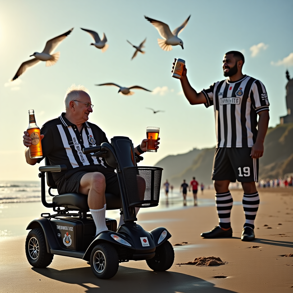 **Image Prompt:**

At the top of the realistic photograph image, *Happy Beer-thday Arthur, Toon aged 80 not out!*

A humorous, hyper-realistic photograph of Arthur—an 80-year-old die-hard Newcastle United fan—wearing a vintage black and white Toon Army kit, perched on a mobility scooter that's been hilariously souped-up like a football fan’s party bus. He’s parked right at the edge of Whitley Bay beach, sand in his socks, holding a frothy pint of ale in one hand and a miniature bottle of fine whisky in the other, both labelled “Prescription for Youth.” In the background, seagulls wear Newcastle scarves while swooping over chip shops. To his right stands the Angel of the North—wearing an oversized Toon jersey—raising a can of lager in a celebratory toast. A Tynemouth Castle party banner flaps in the sea breeze behind him, while several life-size cardboard cutouts of Newcastle players join in the revelry. Sunsets, sandals, socks and sports—it’s retirement, North East style.
Generated with these themes: Newcastle United Football Club, Beer, Whitley Bay, Tynemouth, 80, Angel of the North, and Whisky.
Made with ❤️ by AI.
