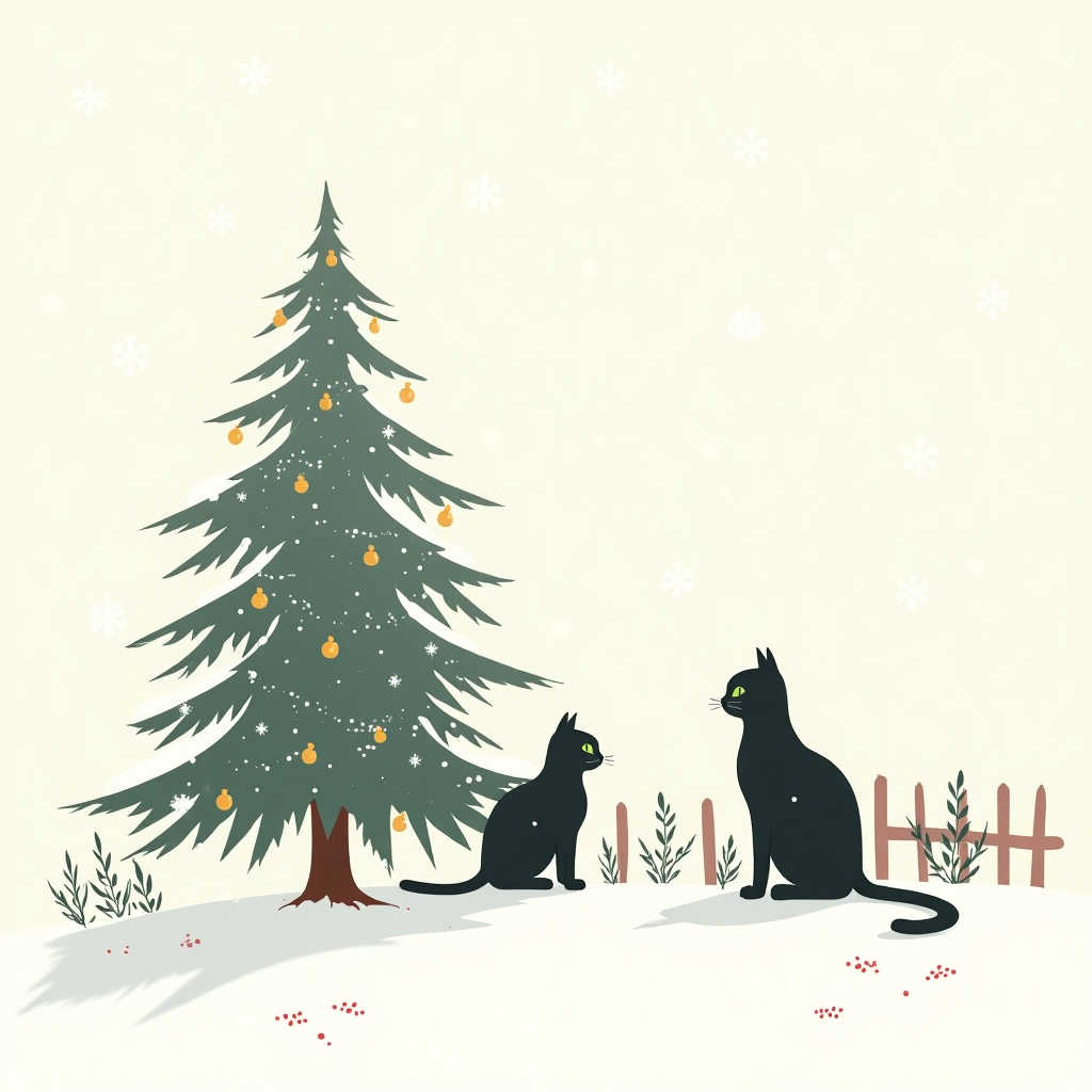 **Prompt:**

A solemn winter scene in a clean, minimalist vector style: a soft white snowy landscape stretches quietly under a pale sky, with delicate snowflakes gently falling. At the center, a single graceful cat sits silently beneath a tall evergreen tree, its dark fur dusted with snow. The tree is decorated sparingly with subtle red berries and small gold ornaments that catch the faint winter light. A second cat perches nearby on a rustic wooden fence, its green eyes glowing softly, gazing toward the distance. Sparse accents of deep green in pine branches, touches of crimson holly, and hints of shimmering gold add warmth to the stillness. The composition is quiet and reverent, capturing a peaceful Christmas night touched by nature and feline grace.
Generated with these themes: White with accents of green, red, and gold, Cats, and Winter.
Made with ❤️ by AI.