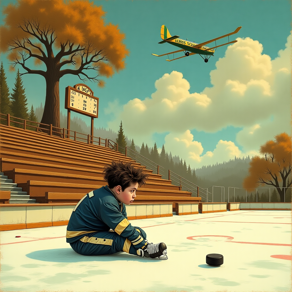 The scene is set in an old-fashioned, slightly whimsical hockey rink, inspired by Maxfield Parrish's dreamy palettes with a touch of Edward Gorey’s intricate detailing. The rink is surrounded by classic wooden bleachers, illustrated in rich, warm browns with visible wood grain and patina, suggesting years of use and love. Above the bleachers, a vintage scoreboard, with gold and forest green numbers, hangs slightly askew, giving a sense of nostalgia.

In the foreground, a sad, yet comically exaggerated, hockey player sits on the ice. His figure is a quirky amalgamation of Norman Rockwell’s expressive human forms and Quentin Blake’s playful, sketch-like lines. The player is dressed in an overly large, slightly tattered hockey uniform. The uniform features a vintage deep navy blue and white color scheme, with bold, stylized stripes along the sleeves. His helmet is askew, revealing tufts of unruly hair, while his skates are comically oversized, reminiscent of Maurice Sendak’s mischievous style.

Beside the player, a puck, slightly askew, rests on the ice. It's rendered in high detail with tiny scuff marks. The ice itself is a glossy, swirling pattern of pale blues and whites, with light reflections captured in intricate detail, much like Arthur Rackham’s work.

In the sky above, fluffy clouds float by, with a subtle nod to Gustave Doré’s celestial etchings. A whimsical, sky-writing plane flies by, trailing a banner that reads “Alex” in an elegant, curvaceous script, reminiscent of Aubrey Beardsley's intricate line work.

The background features a single, large tree beyond the rink, with sprawling, gnarly branches that recall the fairy-tale quality of Beatrix Potter’s landscapes. The tree is depicted in rich earthy tones, with a smattering of leaves in shades of amber and gold, hinting at the transition from autumn to winter.

Overall, the scene captures a blend of detailed realism and whimsical fantasy, a perfect blend for a sympathy card with a touch of humor, rendered in a style that nods to classic illustrators without losing its unique charm.
Generated with these themes: Sad hockey.
Made with ❤️ by AI.