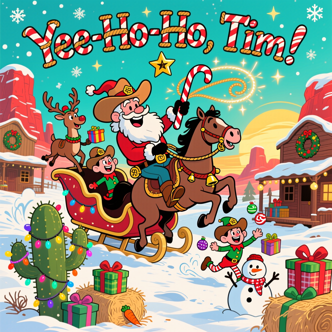 At the top of the Cartoon Style image, "Yee-Ho-Ho, Tim!" in rope-script candy-cane letters with a tiny gold sheriff star

Playful cartoon style with exaggerated proportions, thick black outlines, bright saturated colors, and whimsical, energetic poses. A funny Wild West Christmas rodeo in a snowy desert town: Cowboy Santa with an oversized hat and jingle-bell spurs rides a bucking bronco–shaped sleigh, grinning as he whirls a glowing candy-cane lasso that spirals sparkles. Reindeer in mini cowboy hats and sheriff badges prance and tangle themselves in fairy lights; one slides comically across the snow. Two elves dressed as rodeo clowns tumble from a peppermint barrel, juggling ornaments and gift boxes. Foreground: a cactus “tree” wrapped in rainbow lights and tinsel, a tumbleweed snowman with a bandana and carrot nose, gifts stacked like hay bales with plaid ribbons. Background: a cozy wooden saloon and barn decked with wreaths and bulbs, red-rock mesas dusted with snow, a big turquoise sky with star-shaped snowflakes and a warm golden sunset glow. Add motion lines, whoosh swirls, twinkling stars, shiny highlights, and chunky cel-shading for bouncy, festive energy. Color palette: candy red, holly green, turquoise, sunny gold, warm wood browns, crisp snow white. Lighting: warm golden rim light with cool blue shadows. No other text.
Generated with these themes: West life, and .
Made with ❤️ by AI.