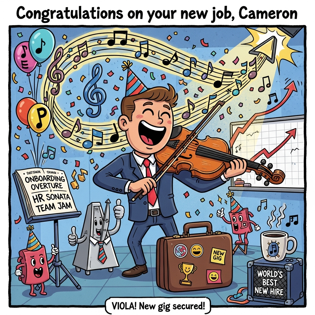 At the top of the Cartoon Style image, "Congratulations on your new job, Cameron"

Playful cartoon characters with exaggerated proportions, thick black outlines, bright saturated colors, and whimsical, energetic poses. Center stage: a beaming, big-headed character in a sharp business suit and party hat, passionately playing a clearly-a-viola (slightly larger than a violin, warm amber wood) with a comically oversized bow. Spiraling from the viola, luminous music notes and curly staves swirl like a celebratory ribbon around the scene. The viola case doubles as a briefcase covered in stickers: “New Gig,” a tiny trophy, and a smiley note.

Whimsical office-meets-orchestra setting: a music stand holding “Onboarding Overture,” “HR Sonata,” and “Team Jam” sheets; a tie-wearing metronome boss giving a thumbs-up; dancing anthropomorphic music notes in party hats; balloons shaped like treble clefs; confetti and streamers bursting everywhere. A coffee mug on a tiny amp reads “World’s Best New Hire,” with steam forming little eighth notes. In the background, a whiteboard graph climbs upward, ending in a treble clef arrow.

Lighting: bright spotlight with starburst gleam; bouncy motion lines and chunky shadows for energy. Palette: candy-bright reds, blues, yellows, and purples with high contrast. Keep the composition bold and image-first, filling the frame with the performer and swirling musical ribbons.

At the bottom of the Cartoon Style image, a small, cheeky caption in bubbly lettering: “VIOLA! New gig secured!”
Generated with these themes: Playing the viola, music, and .
Made with ❤️ by AI.