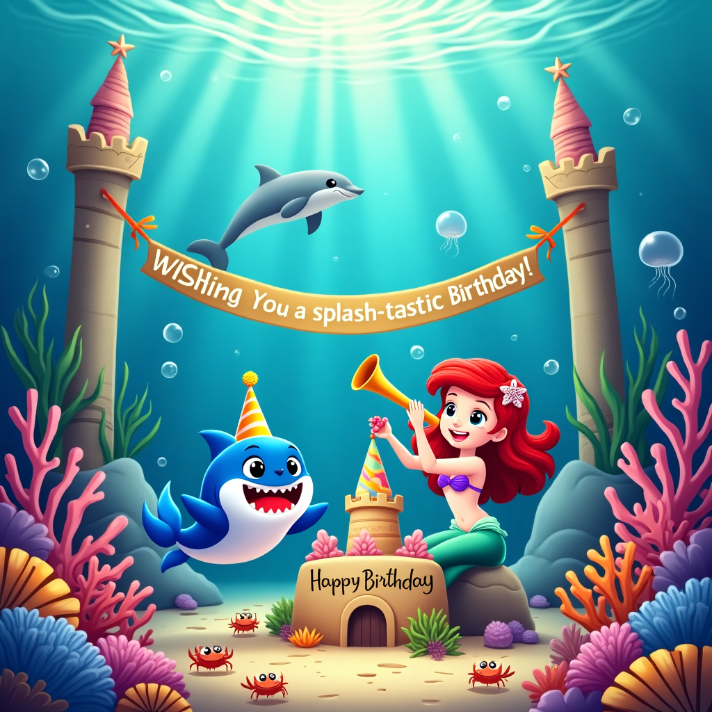 In this whimsical birthday greeting card design, imagine a vivid undersea world where Baby Shark and Ariel the Mermaid are celebrating a special day. The scene is set in a vibrant coral reef bursting with colors, where sunlight pierces through the crystal-clear water, casting playful patterns on the ocean floor. Baby Shark, with its gleaming, cheerful eyes and a tiny party hat, swims joyfully around a towering, ornate sandcastle decorated with starfish and seashells. Ariel, with her flowing red hair adorned with tiny, shimmering pearls, sits on a rock nearby, holding a seashell trumpet in her hand. She is surrounded by a school of fish that seem to be dancing along to her festive tune. The rock she sits upon has a carved message, "Happy Birthday, Liam Cortez y Melanoe Cortez," with small sea anemones and barnacles framing the text. Above the scene, gentle bubbles float upwards toward the surface, where a school of jellyfish glows softly, creating an ethereal backdrop. A banner made of seaweed and bright, colorful corals hangs between two coral towers, adding to the celebratory spirit. It reads, "Wishing You a Splash-tastic Birthday!" Small crabs with colorful ribbons tied to their claws scuttle along the ocean floor, while a playful dolphin leaps through the water in the background, adding a dynamic element to this enchanting underwater celebration.
Generated with these themes: Baby Sharl And Ariel the mermaid.
Made with ❤️ by AI.