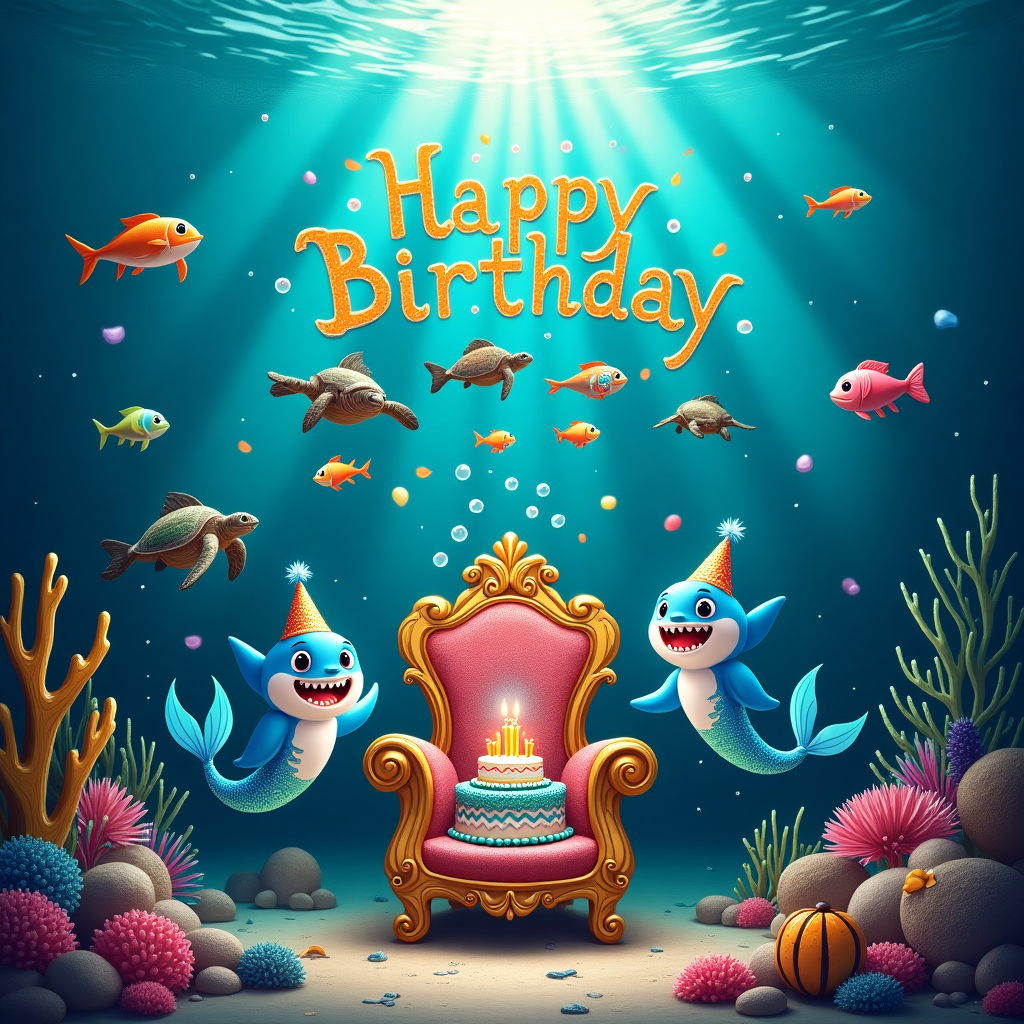 In a whimsical underwater kingdom, the scene unfolds as a vibrant celebration of "Liam Cortez y Melanoe Cortez's" birthday. The setting is a colorful coral reef bustling with lively sea creatures. At the center, a magnificent coral throne has been crafted, its surface shimmering with hues of aquamarine and gold. Perched atop the throne is Baby Shark, donning a miniature party hat adorned with tiny seashells. Beside him, Ariel the mermaid gracefully floats, her tail a cascade of glittering emeralds and sapphires. She is holding a conch shell from which bubbles escape, each bubble capturing the delicate rainbow spectrum of refracted light. Above the scene, a school of fish has come together to form the words "Happy Birthday Liam Cortez y Melanoe Cortez," their scales sparkling as they swim in synchronized unity. Sea turtles, decorated with kelp streamers, glide lazily in the background, joining the festive parade. Starfish cling to rocks, their arms adorned with tiny seaweed bows. Floating jellyfish with luminescent tentacles add a touch of ethereal beauty to the scene. The ocean floor is dotted with brightly wrapped gifts and a coral cake with sea urchin candles, waiting to be lit by the warm glow of a passing anglerfish. Above all, a sunbeam penetrates the water's surface, highlighting the joyous assembly and casting dancing reflections that resemble glittering confetti. This enchanting underwater tableau captures the imagination, inviting Liam Cortez y Melanoe Cortez to join in the magical birthday celebration beneath the sea.
Generated with these themes: Baby Sharl And Ariel the mermaid.
Made with ❤️ by AI.