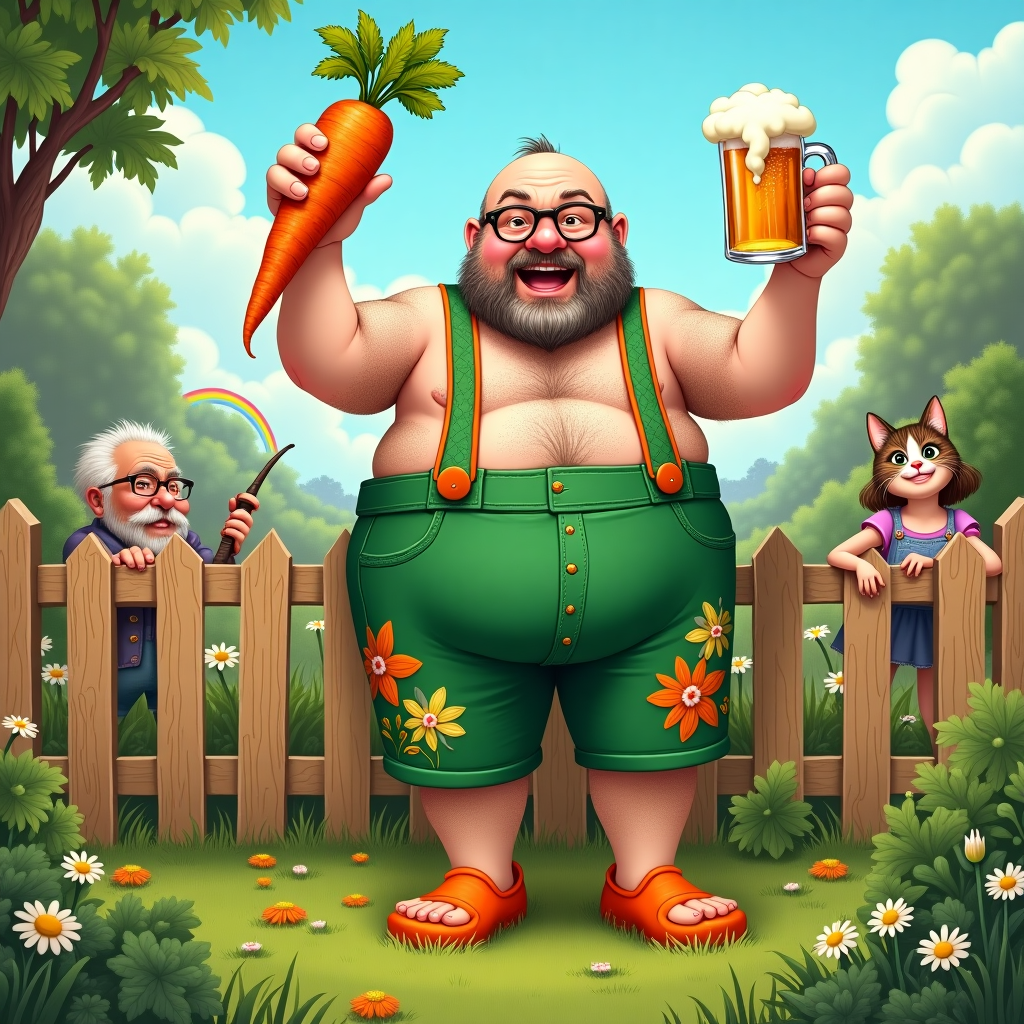 Middle aged slightly overweight bald man with facial stubble dressed in lederhosen and wearing crocs shoes , Gardening with beer in hand and holding a comically large carrot, and Jimmy Saville is peering over the fence Birthday Card