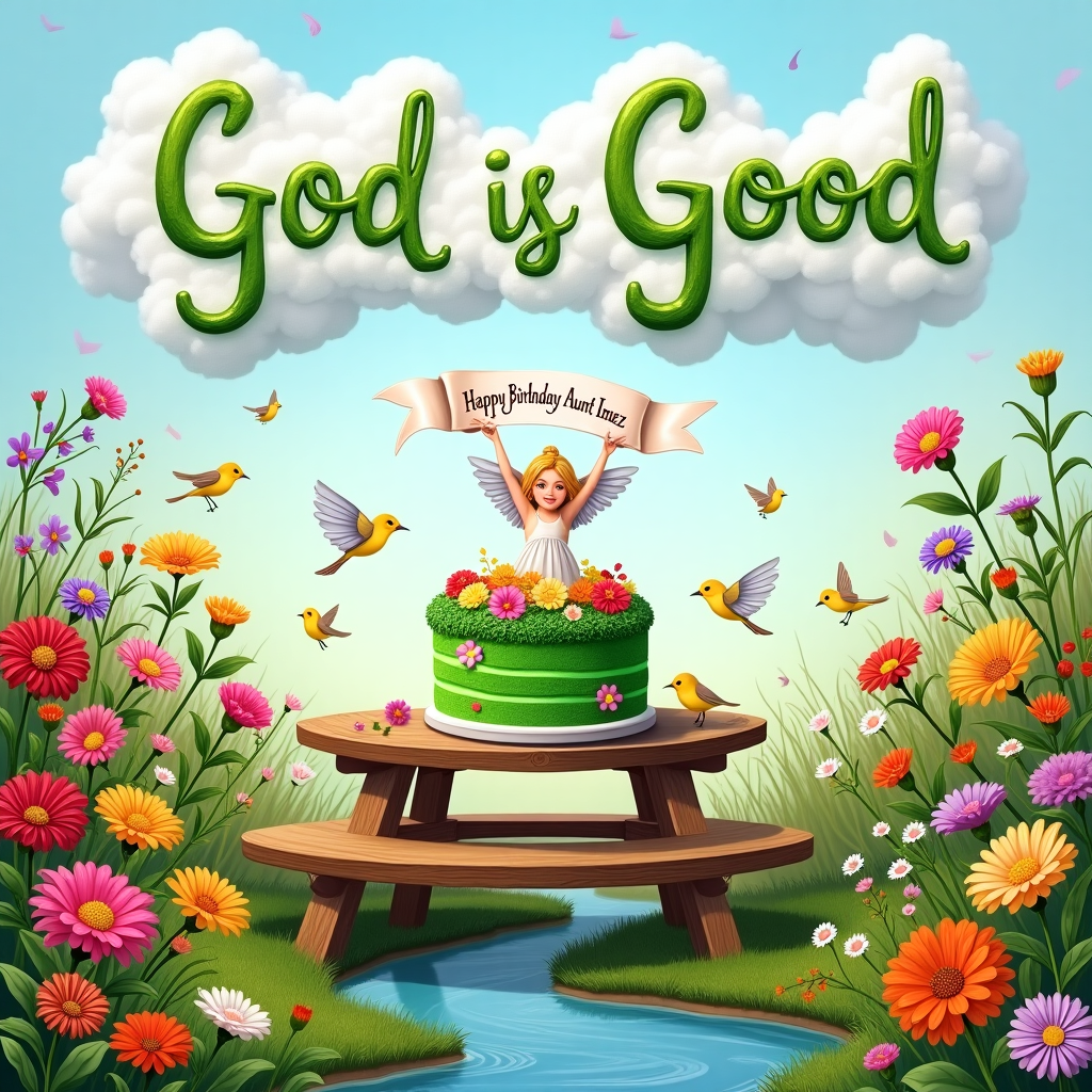 In the center of the card, picture a vibrant garden, teeming with colorful flowers like zinnias, marigolds, and daisies, their hues ranging from deep reds to brilliant yellows and purples. Amongst the flowers, small songbirds with bright plumage flit about, each carrying tiny notes that flutter in the gentle breeze. Above this cheerful scene, the sky is a soft azure, with fluffy clouds forming the words "God is Good" as if written by the hand of a celestial artist. A quaint wooden picnic table sits amidst the garden, upon which rests a delightful two-tiered birthday cake. The cake is frosted with a lush green icing that mimics grass and is dotted with edible flowers. On top of the cake, an icing figurine of a small angel, wings spread wide, holds a banner aloft that reads, "Happy Birthday Aunt Inez" in elegant, swirling script. In the background, a gently flowing stream reflects the cloud-written message above, adding a tranquil touch to the vivid setting. The card captures a snapshot of nature’s celebration, with all elements harmoniously conveying joy and gratitude, perfectly encapsulating the theme and the special message to Aunt Inez.
Generated with these themes: God is good..
Made with ❤️ by AI.