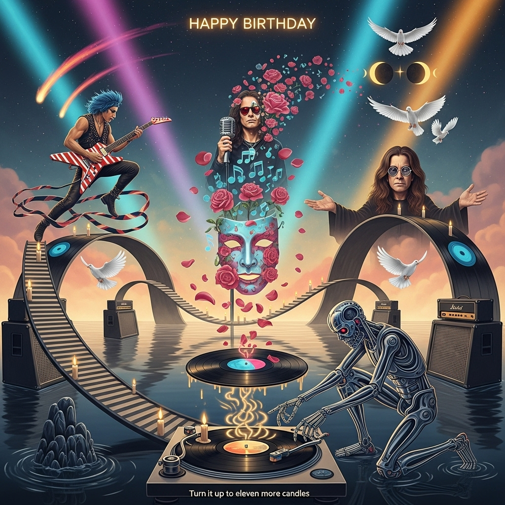 Eddie Van Halen, Corey Taylor, Ozzy Osbourne, M C Escher, Terminator, Vinyl records, psychedelics, heavy metal, and Birthday Card