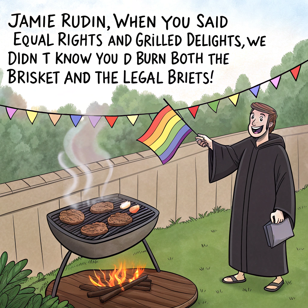 At the top of the image, "Jamie Rudin, when you said ‘equal rights and grilled delights,’ we didn’t know you’d burn both the brisket and the legal briefs!"

- The realistic photograph should depict a backyard BBQ gone hilariously wrong:
  - A clearly charred, blackened tray of food smoldering on the grill.
  - A rainbow pride flag hanging next to an Israeli flag on a clothesline above the smoky chaos.
  - A person in a legal robe holding tongs with a comically devastated expression.
  - In the background, an overcomplicated law book labeled “Burnt Offerings & Civil Rights: Vol 2” lies open on a picnic table next to a plate of unidentifiable ash. 
  - There should be small flames in the corner of a rainbow-themed napkin, but someone is calmly patting it out with a spatula. 

- The tone should feel sympathetic yet playful, like, "We've all been there... just not quite this fabulous and flammable."
Generated with these themes: Gay Flag, Israel, The Law, and Burnt Food.
Made with ❤️ by AI.
