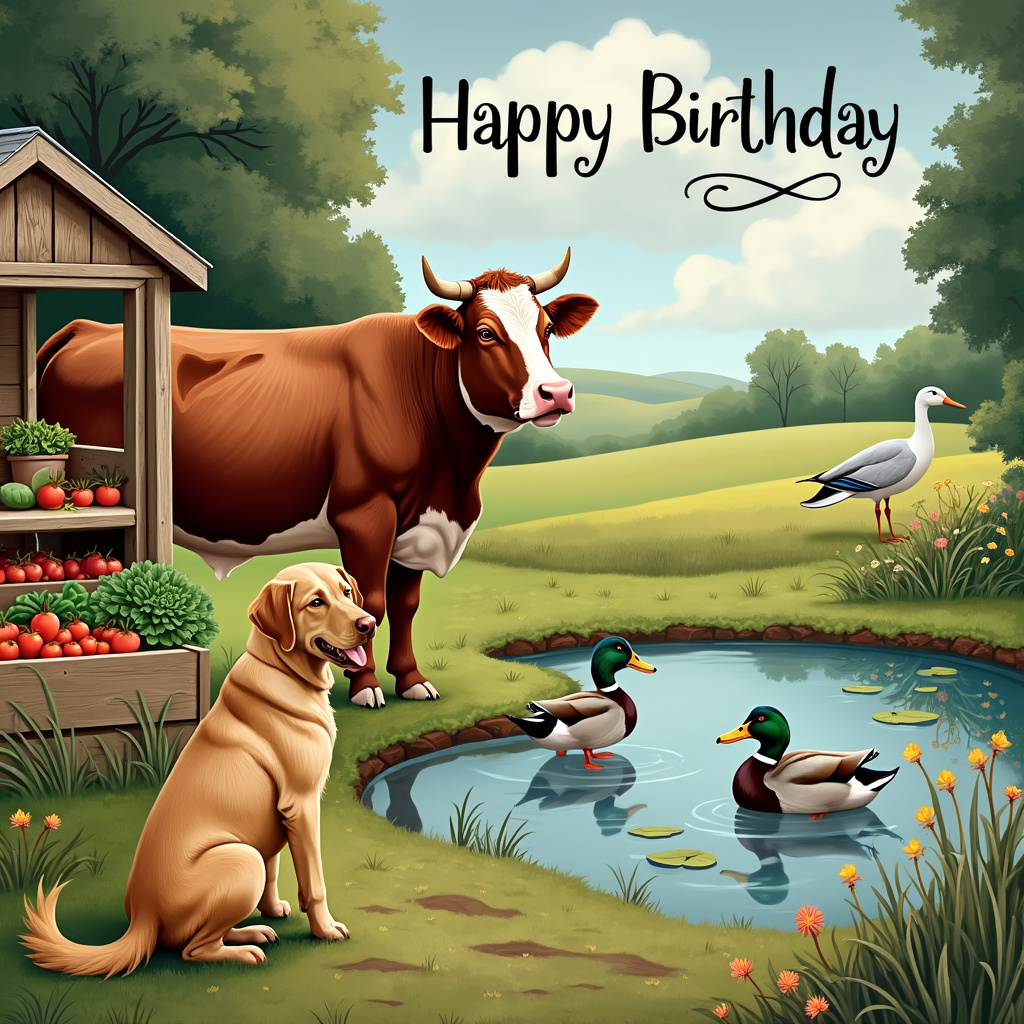 Hereford cow, Yellow Labrador, Wooden greenhouse, Vegetables, Mallard ducks, Heron, and Small lake Birthday Card