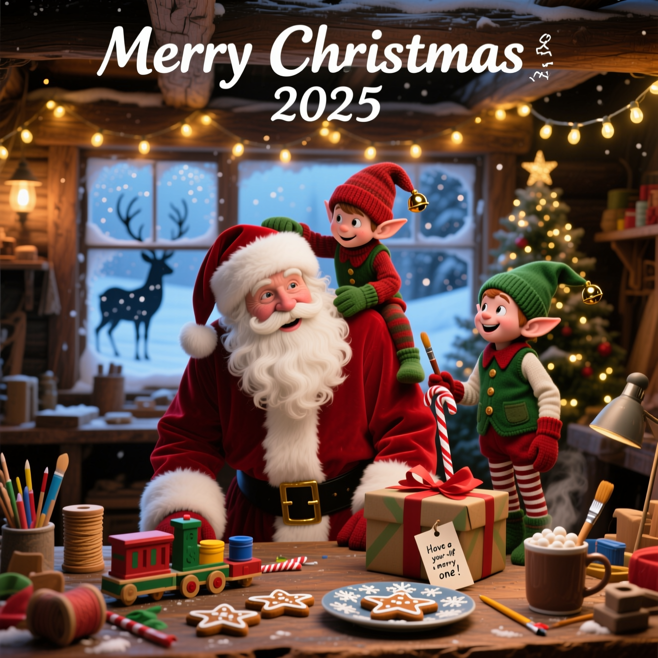 At the top of the Photorealistic picture taken from a camera image, Merry Christmas 2025

Ultra-high-definition 4K UHD photorealistic scene, cute and heartwarming, realistic textures and accurate lighting with rich depth of field. Vertical portrait orientation with a clean, softly glowing bokeh area near the top for the title. Inside Santa’s cozy North Pole workshop at twilight: warm golden string lights drape across rustic beams, a frosted window reveals gently falling snow and the soft silhouettes of reindeer outside, and a softly blurred Christmas tree twinkles in the background.

In crisp focus at mid-frame, Santa Claus leans over a well-worn wooden workbench, eyes twinkling, rosy cheeks, and a lush white beard with visible individual strands. His red velvet coat shows lifelike pile, plush white fur trim, and a polished brass buckle catching highlights. Two adorable elves in rich, tactile fabrics bring the cuteness: one tiny elf in a knit hat with a jingle bell perches on Santa’s shoulder, adjusting his cap with a tiny mitten; another elf stands on a wrapped gift, striped stockings and green felt vest, balancing a candy cane and a tiny paintbrush, grinning up at Santa.

The workbench is cluttered with charming detail: a half-painted wooden toy train, little jars of paint, spools of ribbon, gingerbread star cookies on a snowflake plate, and a steaming mug of cocoa crowned with marshmallows. Place a small handwritten gift tag propped against a present in the foreground that reads: Have your-elf a merry one!

Lighting: warm, cozy tungsten from string lights plus a cool bluish rim from the snowy window, subtle volumetric glow with visible dust motes, realistic soft shadows, gentle subsurface scattering on cheeks and ears. Camera: full-frame DSLR look, 50mm prime, f/1.8, ISO 200, 1/125s, shallow depth of field; tack-sharp focus on Santa’s face, the elves, and the gift tag, with creamy bokeh on the background lights. Color palette of rich reds, greens, and golds; lifelike wood grain, knit, felt, and fur textures. Render the “Merry Christmas 2025” title at the top in warm, softly glowing white script with delicate gold edging and a subtle frosted shimmer for legibility over the bokeh, without overpowering the scene.
Generated with these themes: Elves, Santa, and .
Made with ❤️ by AI.