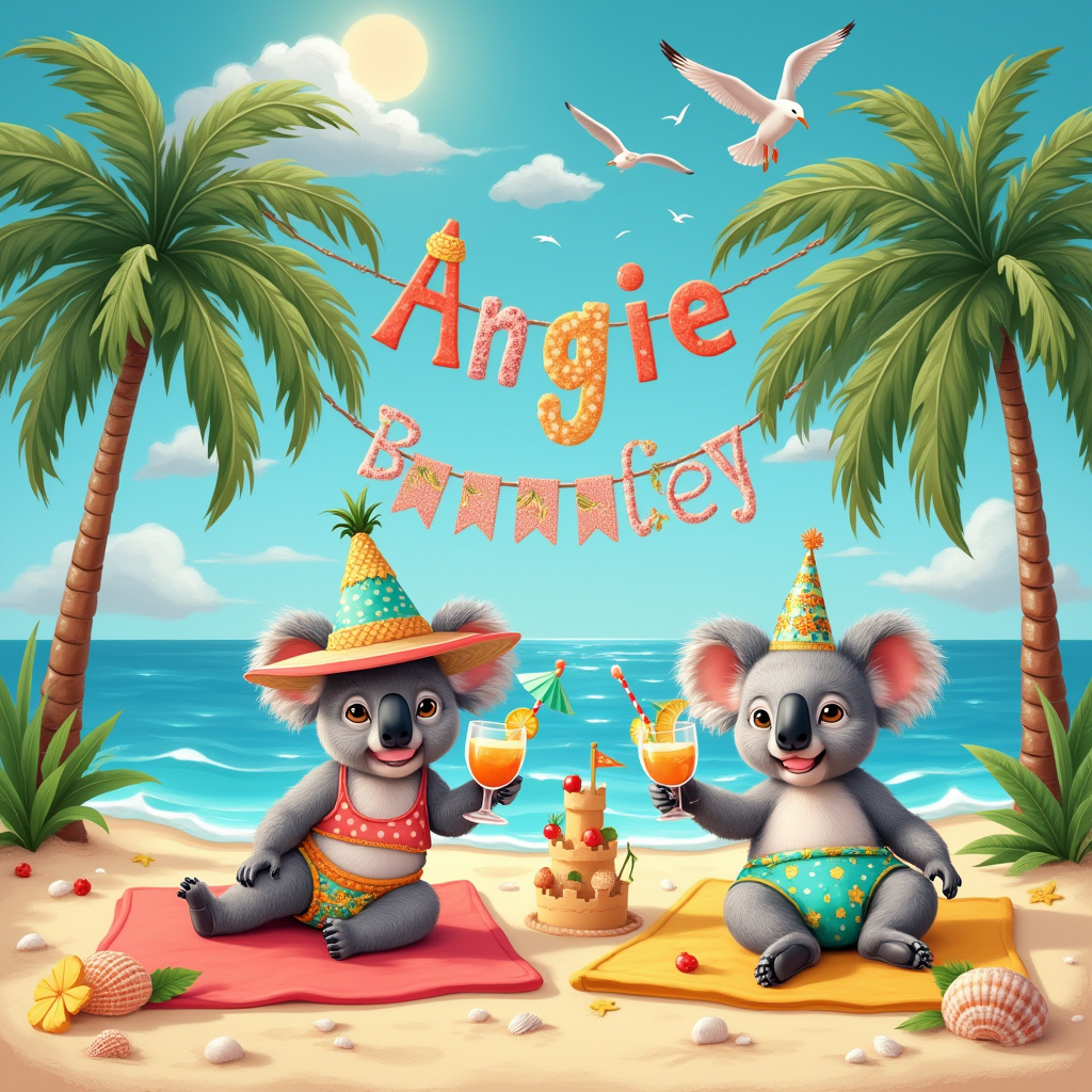 On the front of the birthday greeting card, a charming and whimsical beach scene unfolds under a sun-drenched azure sky. In the foreground, two adorable koalas are the stars of this birthday spectacle. One koala lounges on a vivid coral-colored beach towel, donning a stylish polka dot bikini with a matching wide-brimmed sun hat. Beside her, the second koala is comfortably sprawled out on a banana-yellow towel, clad in vibrant, palm-printed swimming trunks. Both koalas are holding colorful tropical cocktails adorned with tiny umbrellas, slices of fresh pineapple, and maraschino cherries.

The sand they lay on is soft and golden, glistening under the sun with scattered seashells and a small sandcastle standing proudly nearby, complete with a tiny flag that reads "Angie's Castle." Palm trees gently sway in the background, their leaves creating playful shadows on the sand. Above this delightful scene, suspended between two palm trees, is a lively, fluttering banner that reads "Happy Birthday, Angie!" The letters are crafted from a playful mix of seashells and starfish, adding an extra touch of beachy charm.

In the background, the serene ocean waves kiss the shore, and in the sky, a flock of seagulls elegantly swoops across. High above, fluffy clouds lazily float by, subtly shaped to spell out "Angie" in a delicate, artistic script, as if nature itself is joining the celebration. This delightful blend of koalas, beach, and birthday cheer makes for an irresistibly joyful and unique card cover.
Generated with these themes: Koala, Beach, and 2 Koala sunbathing, one wearing bikini, one swimming trunks drinking cocktails with Happy Birthday banner .
Made with ❤️ by AI.