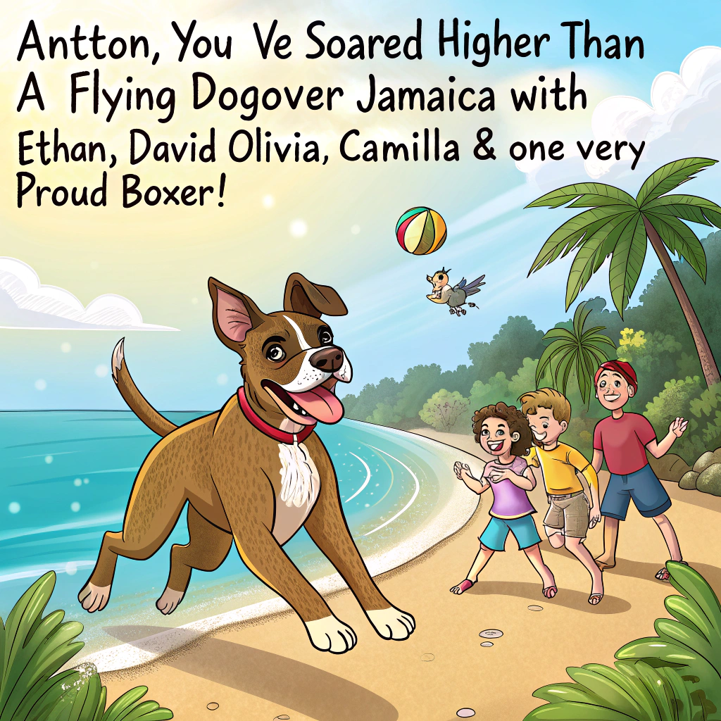 At the top of the image, "Antton, you’ve soared higher than a flying dog over Jamaica with Ethan, David, Olivia, Camilla & one very proud boxer!"  

- Depict a sunny, vibrant beach scene in Jamaica with lush palm trees, turquoise waters, and golden sand.
- In the foreground, a realistic yet playful boxer dog with floppy ears is leaping joyfully mid-air with a tiny cape fluttering, giving the illusion of flying.
- Behind the dog, a group of smiling friends — Ethan, David, Olivia, and Camilla — cheer enthusiastically, some throwing their hats in the air.
- A little Jamaican flag is tucked into the dog's collar.
- Everyone is barefoot and relaxed, radiating joy and pride.
- The overall mood is bright, celebratory, and filled with the warmth of achievement and tropical sunshine.
Generated with these themes: Ethan, David, Jamacia , Olivia, Cammilla, Boxer dog, and Flying dog.
Made with ❤️ by AI.
