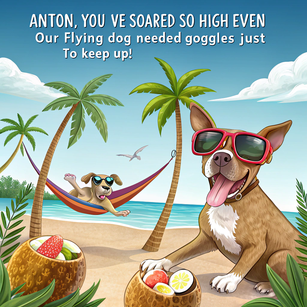 At the top of the image, "Antton, you’ve soared so high even our flying dog needed goggles just to keep up!" 

- The image features a sunny Jamaican beach setting, palm trees swaying in the breeze, and a joyful scene of Ethan, David, Olivia, and Camilla lounging in vibrant hammocks with coconuts in hand.

- A photorealistic, adorable brown Boxer dog with floppy ears and a pink tongue out is captured mid-leap, wearing a pair of tiny aviator goggles and makeshift cardboard wings, playfully “flying” above the group.

- In the sky behind him, there's a hand-painted banner pulled by a tiny prop plane reading "Way to Go, Antton!" in bold colorful letters.

- The image gives off a warm, sunny, cheeky congratulatory vibe—realistic, adorable, and brimming with fun and celebration.
Generated with these themes: Ethan, David, Jamacia , Olivia, Cammilla, Boxer dog, and Flying dog.
Made with ❤️ by AI.
