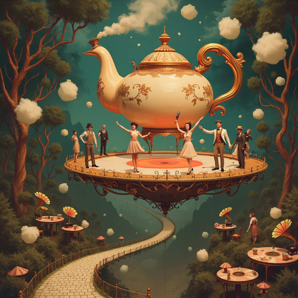 In a whimsical, sepia-toned world where vintage charm meets surreal fantasy, a grand tea dance unfolds atop a gigantic, floating teapot, the spout of which pours endless tea into a bottomless cup below. The teapot, adorned with elaborate Rococo designs reminiscent of Aubrey Beardsley's intricate line work, hovers amidst cotton candy clouds, each puff resembling Beatrix Potter's delicate watercolor strokes.

The dance floor is an ornate, round stage made of polished mahogany, much like an old gramophone record, spinning slowly to a silent melody. It’s suspended by thick, twisted vines that look straight out of Maurice Sendak's wildest dreams. Surrounding the stage are antique gramophones with oversized, brass horns from which vibrant, swirling musical notes emerge, each note depicted in a different shade of glowing, iridescent color inspired by Maxfield Parrish’s luminous hues.

On the stage, dancers in vintage attire are captured mid-twirl. Ladies in 1920s flapper dresses with fringes that seem to dance independently, reminiscent of N.C. Wyeth's dynamic illustrations, are partnered with gentlemen in dapper suits and bowler hats. Their faces, while exaggerated in an Edward Gorey manner, radiate joy and gratitude. Some dancers have animal heads, like dapper foxes and elegant swans, a nod to Arthur Rackham's anthropomorphic tales.

Around the edges of the teapot, a parade of singers and musicians perform. A singer with a nightingale's head holds a vintage microphone, her beak open in a melodious cry. A pianist with elongated, Quentin Blake-like fingers plays a grand piano with keys that resemble the teeth of a mischievous grin. A violinist, inspired by Gustave Doré's dramatic flair, has strings made of delicate spider silk, producing ethereal music.

Beneath the floating stage, on a cobblestone path that winds through a dense, Rackham-esque forest, are tables adorned with lace doilies and fine china teacups. At each table, elegantly dressed patrons are engaged in animated conversations, their heads bobbing in sync with the distant music. They are busy writing thank-you notes, their pens crafted from peacock feathers that glisten like the night sky.

In one corner of the scene, a small Beatrix Potter-inspired rabbit holds a collection box labeled "For Charity," with coins and notes spilling over the edges. The rabbit, in a tiny waistcoat and monocle, presents the box to a line of waiting animals, from tiny field mice to stately deer, all contributing their share.

Above, a zeppelin adorned with fluttering banners that spell out "Thank You" drifts lazily across the sky, casting a gentle shadow over the dreamlike tableau. The entire scene, surreal and richly detailed, tells a story of gratitude, joy, and community through the charming lenses of music, dance, and timeless generosity.
Generated with these themes: Vintage, Tea dance, Music, Singers, Charity, and Dancing.
Made with ❤️ by AI.