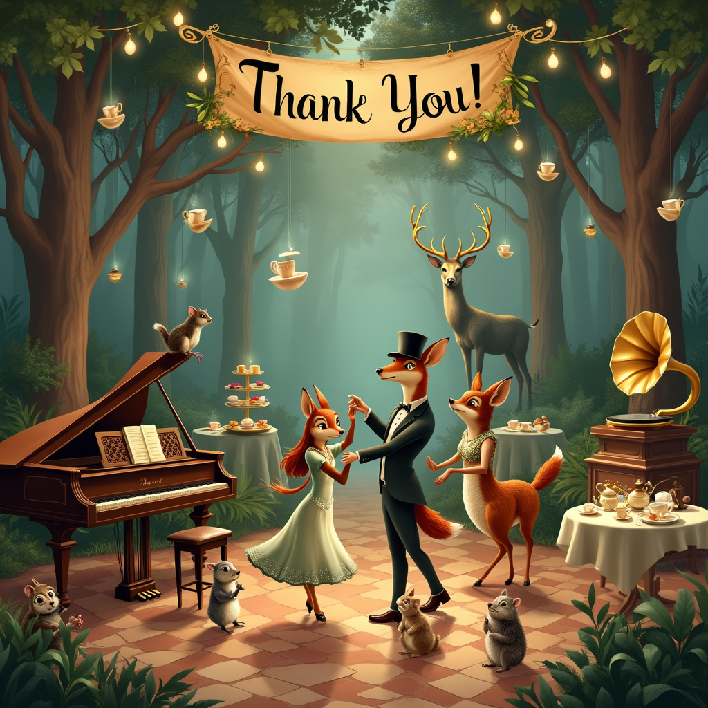 Imagine a whimsical, vintage ballroom set in an enchanted woodland glade. The floor is a mosaic of polished mahogany and gilded tiles, creating a grand yet intimate dance space. Overhead, a canopy of twinkling fairy lights and floating, luminescent tea cups hover, casting a soft glow over the scene. The background is a rich tapestry of towering, ancient trees, their branches intertwining to form natural archways.

In the foreground, a group of elegantly dressed animals in 1920s attire—think flapper dresses and pinstripe suits—are dancing with joyful exuberance. A dapper fox in a top hat leads a waltz with a graceful deer in a sparkling gown, while a family of rabbits twirls nearby, the little ones attempting their first dance steps.

To the left, a grand piano, its legs intricately carved like those of a mythical creature, stands open with sheet music scattered across its surface. An owl with spectacles perches on the piano stool, playing a lively tune. Perched atop the piano, a squirrel with a bow tie plays a tiny violin, and a chorus of birds in feathered headbands sings harmoniously from a nearby tree branch.

On the right side of the scene, a vintage tea table is set with an assortment of delicate china teacups, teapots, and tiered trays filled with delectable pastries and finger sandwiches. A charming hedgehog pours tea into the cup of a delightedly clapping badger, while a line of mice in tiny aprons serve tea to other woodland creatures gathered around.

Suspended above this enchanting tableau is a large, ornate banner that reads, “Thank You!” in flowing, calligraphic script. Beneath it, an elegant phonograph with a golden horn is playing a vinyl record, the music notes whimsically floating into the air as illustrated by curling, magical lines.

In the far background, a majestic stag with a garland of flowers around its antlers stands on a small stage, addressing the crowd as if giving a speech of gratitude. Surrounding the stage, the woodland audience—ranging from curious raccoons to wise old tortoises—listens intently, some clapping their paws in appreciation.

This scene, rich in detail and storytelling, weaves together the themes of vintage elegance, tea, music, dance, and the spirit of charity in a surreal and delightful thank-you card illustration.
Generated with these themes: Vintage, Tea dance, Music, Singers, Charity, and Dancing.
Made with ❤️ by AI.