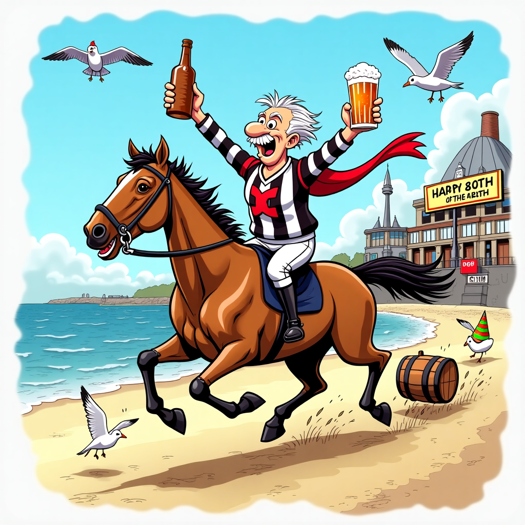 **Prompt:**

At the top of the cartoon image: *“Arthur, 80 Years Young and Still in the Race for a Toon & a Dram!”*

Create a cartoon image of a jubilant elderly man (Arthur) charging triumphantly out of a Tynemouth pub, wearing a Newcastle United football jersey, riding a racing horse along Whitley Bay beach. He’s holding a frothy pint of beer in one hand and a bottle of single malt whisky in the other, with the wind wildly flapping his Toon scarf. Seagulls cheer him on with little party hats, and in the background, the Spanish City Dome can be seen with a big banner reading “Happy 80th, Champion of the North!” Add comical beer barrels rolling after the horse and a tiny racetrack finishing line labelled “Pub”. Bright, cheerful colours with plenty of quirky, energetic movement in classic birthday cartoon style.
Generated with these themes: Newcastle United Football Club, Beer, Whitley Bay, Tynemouth, 80, Single Malt Whisky, and Horse Racing.
Made with ❤️ by AI.