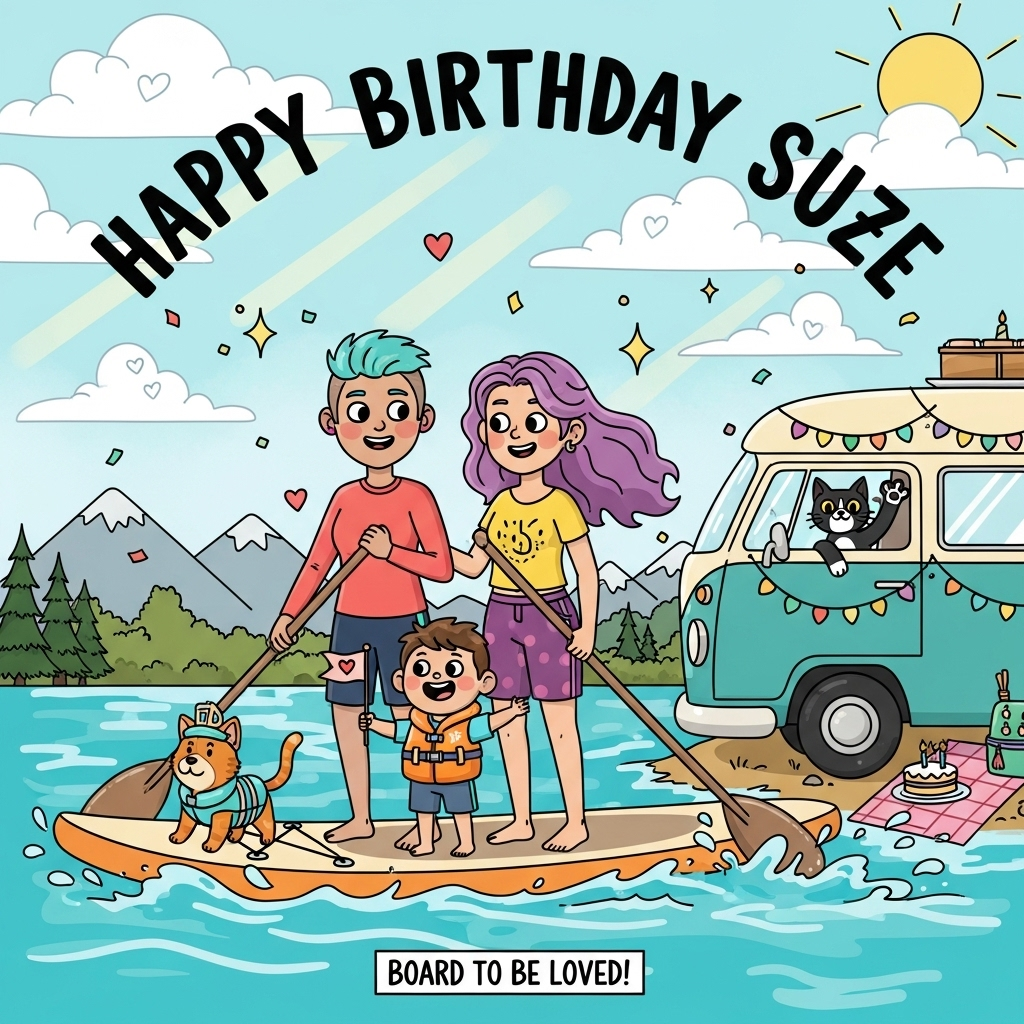 Lesbian, paddle boarding, camper van, cats,son, and Birthday Card