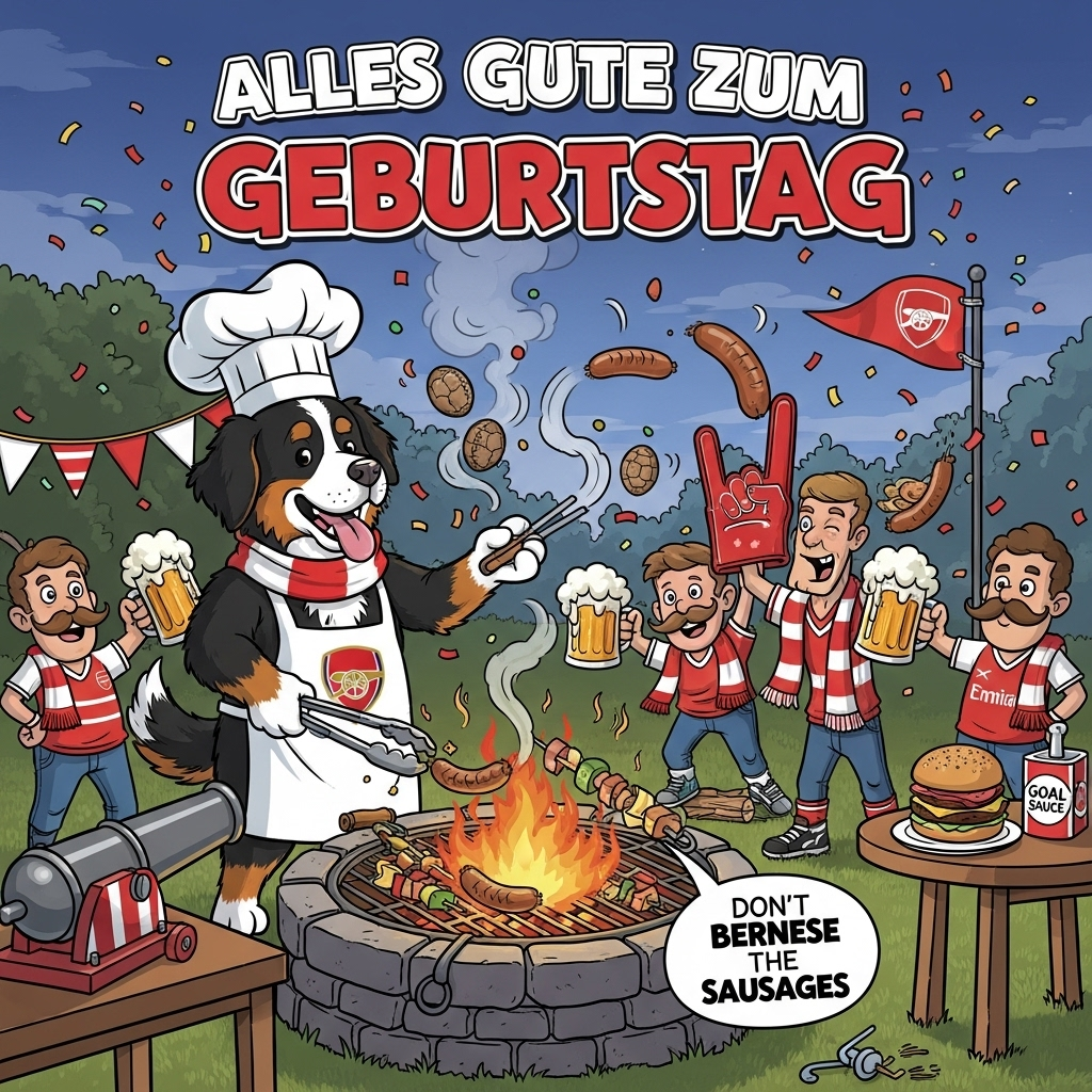 Arsenal, BBQ, fire pit, Bernese dog, beer, and Birthday Card