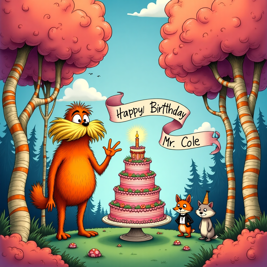 In the foreground of the greeting card, depict a fantastical and dense forest scene reminiscent of Dr. Seuss' Lorax universe. Imagine lush, twisting Truffula trees with tufts of bright, sherbet-colored foliage — vivid pinks, oranges, and yellows that resemble cotton candy clouds. The trees stand tall with gracefully curving, striped trunks in alternating pastel hues. 

In the center, illustrate a whimsically ornate birthday cake. The cake is tiered and lavishly decorated, each layer adorned with swirling icing that mimics the spiral patterns of the Truffula bark. Vibrant decorations, such as edible flowers and miniature Truffula trees made of sugar, adorn its surface. 

Perched next to the cake, integrate the Lorax himself, drawn in an expressive and detailed manner, nodding to the works of Quentin Blake. His orange fur is depicted with intricate linework and cross-hatching, giving a sense of texture. He gestures towards the cake with a sense of grandeur, his large eyes observing the scene.

A group of whimsical creatures resembling a mix of Seussian and Beatrix Potter animals gather around the cake. They are intricately detailed: a rabbit in a waistcoat, a dapper fox wearing a monocle, and a hedgehog donning a tiny party hat. Their fur and clothing are illustrated with precise, textured strokes, lending them a lifelike yet fantastical appearance.

In the background, draw a sky that transitions from a deep cerulean at the top to a soft lavender near the horizon. A few fluffy clouds float gently, and between them, incorporate a banner that arcs across the scene. The banner is billowing, its edges trimmed with Truffula tuft patterns. On it, in a flowing, elegant script reminiscent of Aubrey Beardsley’s work, is the message: "Happy Birthday, Mr. Cole!"

Add in subtle touches that nod to Edward Gorey’s style: small, hidden details such as a pair of curious eyes peering from behind a tree, or a tiny, ornately detailed toadstool peeking out from the underbrush. The overall composition is richly detailed, drawing viewers in to discover new elements each time they look.
Generated with these themes: Lorax.
Made with ❤️ by AI.