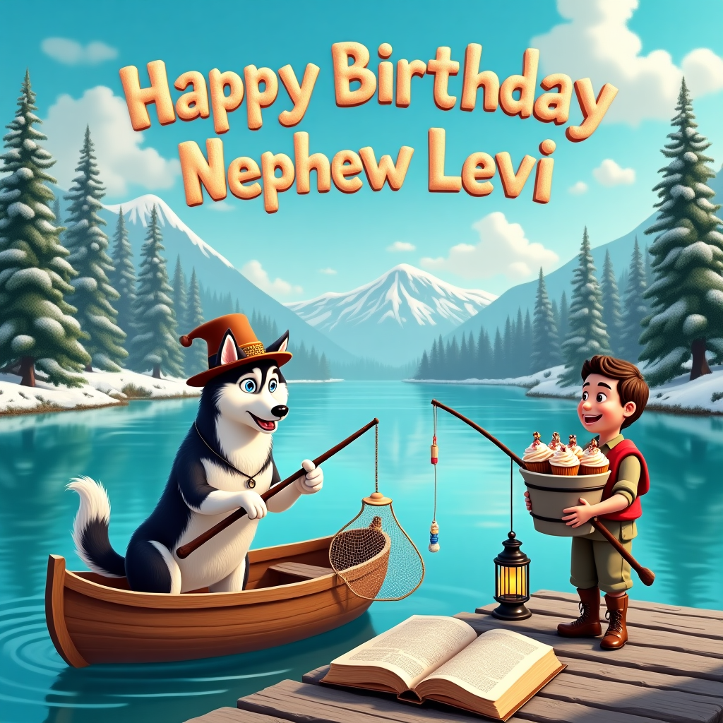 In this whimsical birthday scene, set against a serene, azure lake surrounded by lush, snow-dappled pine trees, a charming, picturesque world unfolds. In the foreground, an endearing Siberian Husky, donning a jaunty fisherman's hat, sits atop a sturdy wooden rowboat. The husky's striking blue eyes glint mischievously as it paws at a fishing rod with a bone-shaped lure. The rod's line trails playfully into the water, hinting at a comical, unseen aquatic friend tugging at it. Perched on the boat's edge is a fishing net, a small red life vest draped carelessly over it. Just above this delightful scene, in the clear blue sky, fluffy white clouds take the shape of balloon letters spelling out "Happy Birthday Nephew Levi," as if the sky itself celebrates the occasion. Nearby, an angler stands on a wooden pier, laughing heartily, his back slightly bent, as he holds a fishing bucket filled with birthday cupcakes instead of fish. Each cupcake is whimsically decorated with tiny angler figures and miniature huskies crafted from marzipan. A quaint, old-fashioned lantern hangs from the pier's railing, casting a warm glow over the scene, while a playful breeze rustles through the pages of an open Beatrix Potter book resting on the pier's wooden planks. In the background, the snow-kissed peaks of distant mountains provide a majestic backdrop, completing this enchanting tableau where nature and whimsy celebrate Nephew Levi's special day.
Generated with these themes: Angler , and Huski.
Made with ❤️ by AI.