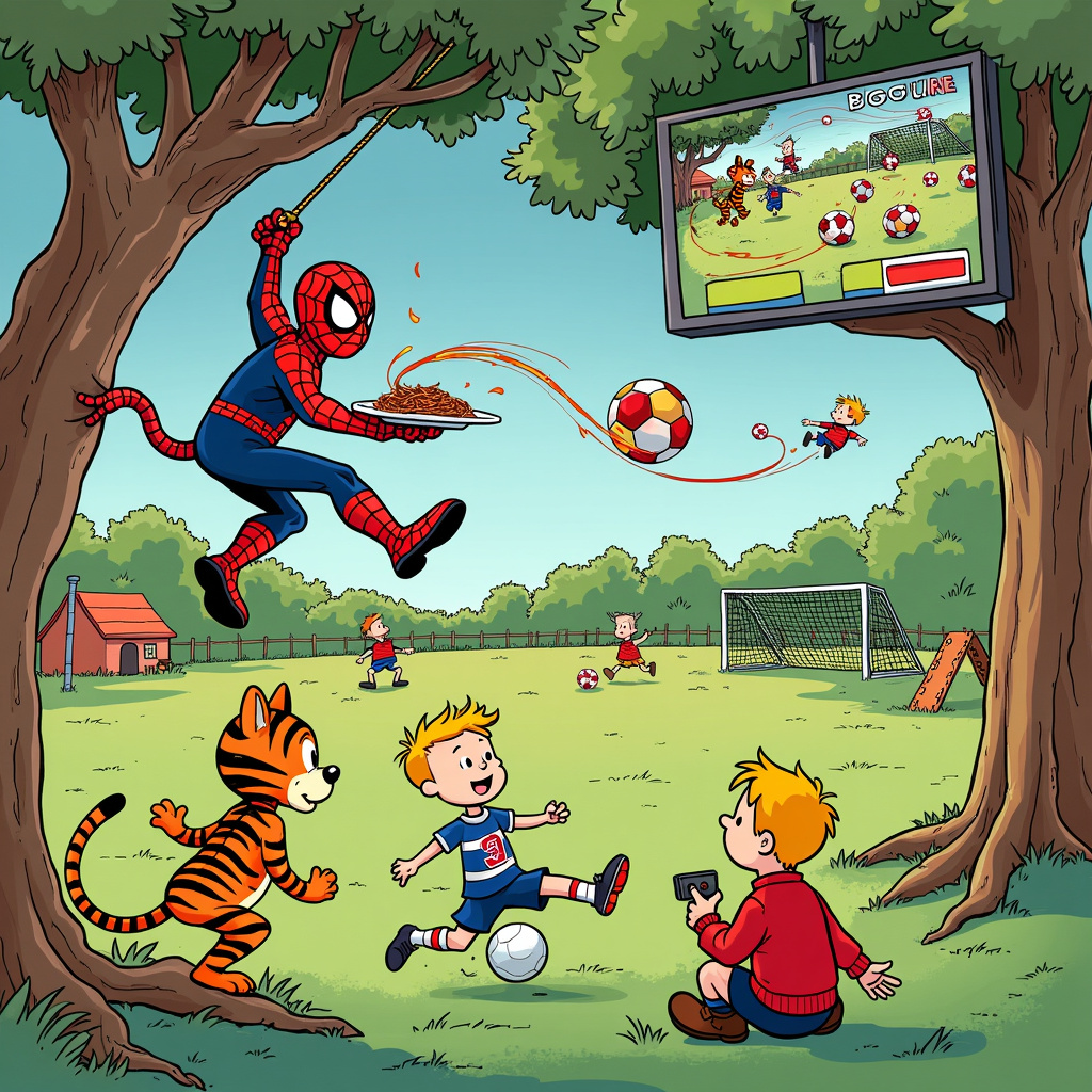 In the center of the scene, imagine a vibrant park setting. The background features a colorful playground with swings and slides reminiscent of Charles Schulz's Peanuts, while large, leafy trees with expressive branches and faces evoke Winsor McCay’s style.

On the left side of the card, Spiderman is dangling upside-down from a tree branch, holding a plate of spaghetti bolognese with one hand while attempting to take a big bite with the other. His spaghetti is mid-air, trailing like web strands, connecting him to the soccer scene happening below.

Below Spiderman, a dynamic soccer game is taking place. Calvin (from Calvin and Hobbes) is dribbling the ball towards the goal. His face shows pure determination. On the opposing team, Hobbes is leaping towards the ball, his tiger stripes vivid and animated. The soccer ball itself is illustrated in a manga style, inspired by Osamu Tezuka, with exaggerated motion lines to show the speed and energy of the game.

On the right side of the card, a large screen on a tree trunk displays a video game in progress. Tintin, with his trademark tuft of hair, is intensely playing with a joystick. Snowy, his loyal dog, sits beside him, wagging his tail and watching the screen. The video game on the screen is a mash-up of old-school 8-bit graphics and modern gaming aesthetics, featuring Spiderman in soccer gear battling giant meatballs with sauce splashes.

Interspersed around the scene are various quirky elements like a Far Side-inspired soccer goal post made of giant forks, a scoreboard designed like a vintage arcade machine, and Astro Boy zooming past in the sky holding a game controller, adding to the whimsical and chaotic charm of the scene.

Every character and item is filled with expressive detail, with exaggerated comic-style action lines and vibrant colors, drawing inspiration from the masterful storytelling and artistic genius of the artists mentioned. The scene bursts with activity and humorous connections, creating a uniquely delightful birthday card cover.
Generated with these themes: Spiderman , Soccer, Spaghetti bolognaise , and Gaming.
Made with ❤️ by AI.