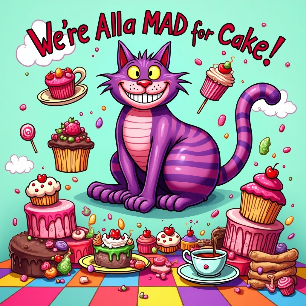 Here’s your image prompt for the greetings card:  

---

**Prompt:**  
A brightly colored, cartoon-style scene of the Cheshire Cat from Alice in Wonderland, sitting in mid-air with his big mischievous grin, tail curled like a candy cane, surrounded by a floating tea set and piles of oversized sweets — giant cupcakes, teetering stacks of macarons, lollipops twice his size, and jellybeans raining down. The Mad Hatter’s teacup hovers nearby, pouring tea into thin air. Everything is exaggerated, with thick black outlines, bold saturated colors, and a playful, slightly chaotic energy. The background is a whimsical candy-land wonderland with swirling pastel clouds and a rainbow checkerboard table.  

At the top of the scene in fun, bouncy cartoon lettering:  
**"We're All MAD for Cake Here!"**  

---  

Would you like me to also give you **three alternative funny captions** so you have some choice for the text?
Generated with these themes: Alice in wonderland cheshire cat with sweets and tea, and .
Made with ❤️ by AI.