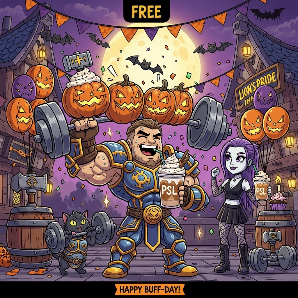 At the top of the Cartoon Style image, "Free"

A bold, funny, Cartoon Style scene with thick black outlines, bright saturated colors, and exaggerated proportions: In Goldshire at dusk, the Lion’s Pride Inn is decked out for Halloween with jack-o’-lantern garlands, purple-orange bunting, friendly bats, and a big glowing moon. Center stage, a chibi-style World of Warcraft paladin bodybuilder in gleaming gold-and-blue armor strikes a heroic workout pose—one arm curling a barbell loaded with carved pumpkin plates, the other hand sipping a towering pumpkin spice latte with whipped cream and cinnamon dust shaped like a holy hammer. He’s grinning, sparkly sweat and comic action lines exploding around his massive biceps. Beside him, his cute goth girlfriend—pale skin, black lipstick, purple streaked hair, fishnet sleeves, chunky boots—spotting him with a smirk and giving a tiny flex, holding a second PSL with a bat-shaped cinnamon topper. A tiny black cat in a mini breastplate attempts a curl with a candy-corn dumbbell. Festive birthday touches: confetti, bat-and-pumpkin balloons, a cupcake on a barrel with a candle shaped like a little warhammer. Dynamic perspective, playful expressions, glossy highlights, energetic starburst background.

At the bottom as a small cheeky banner, one short line of text: “Happy Buff-day!”
Generated with these themes: World of warcraft paladin, Goldshire, Workout, Pumpkin spice latte, Halloween, Body building, Goth girlfriend, and .
Made with ❤️ by AI.