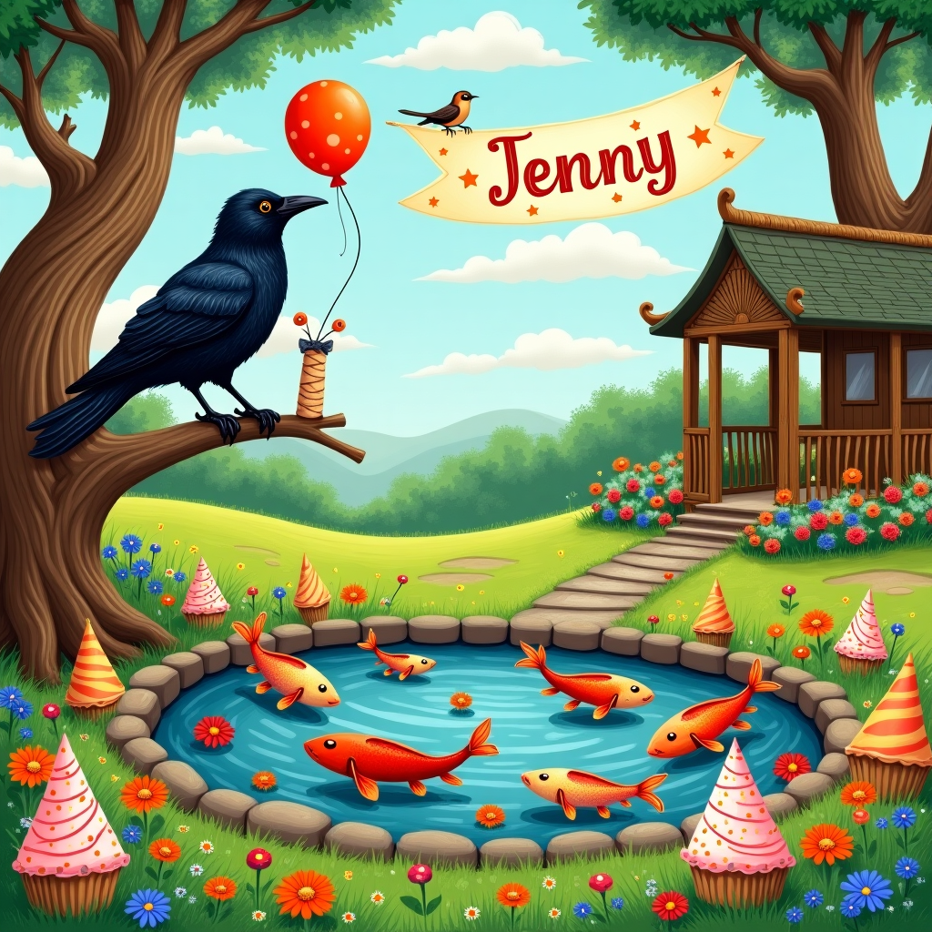Raven with fishpond Birthday Card