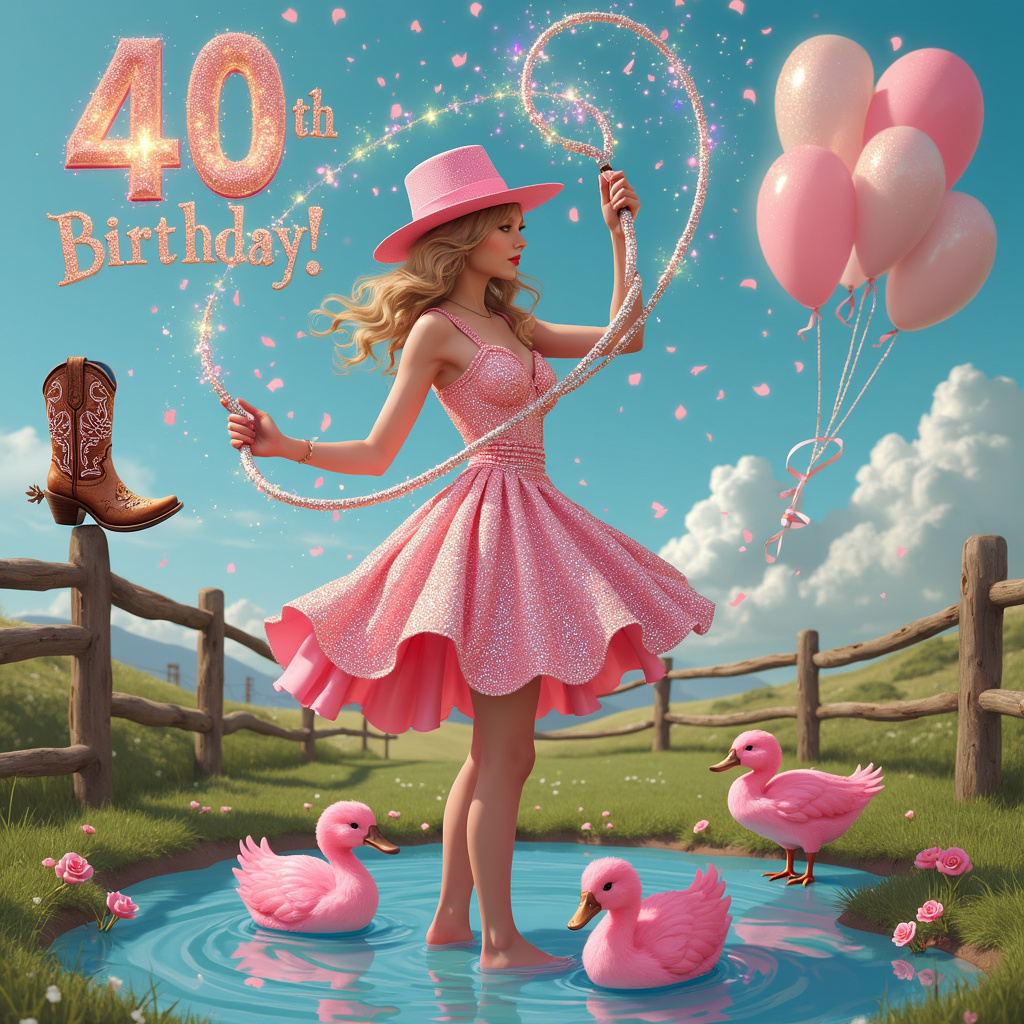 Imagine a vibrant birthday card cover, with a playful mix of whimsy and realism that instantly catches the eye. At the center of the scene, Taylor Swift stands in a sparkling pink dress, adorned with sequins that shimmer like a thousand tiny stars. She’s wearing a stylish pink cowboy hat, tilted just so, adding a touch of country flair to her glamorous look. 

To her right, there’s a small pond surrounded by lush, green grass. In the pond, a family of pink ducks paddle gracefully; their feathers are a soft blush, sprinkled with a dusting of glitter that catches the light. Each duck sports a miniature cowboy hat, just like Taylor's, with a single pink rose tucked into the band.

Taylor is holding an ornate silver lasso made entirely of delicate, interwoven sparkles and glitter, which she’s twirling above her head in a playful loop. The lasso forms the number “40” in the air, glowing brilliantly to celebrate the milestone birthday.

In the background, there’s a rustic wooden fence draped with pastel-colored bunting that spells out “Happy 40th Birthday!” in flowing, glittery script. Perched on the fencepost is a pair of exquisitely detailed cowgirl boots, their leather tooled with intricate floral patterns and encrusted with rhinestones that catch the sunlight.

Above, the sky is a brilliant cerulean blue, scattered with fluffy white clouds. From one of the clouds, soft, twinkling confetti falls like gentle rain, adding an extra layer of festivity to the scene. Near Taylor, a cluster of iridescent balloons floats upward, each one reflecting a spectrum of colors, and tied with curly, shimmering ribbons.

The entire scene is vibrant and joyous, each element meticulously crafted to create a whimsical and unforgettable birthday celebration.
Generated with these themes: Happy 40th Birthday , Taylor swift, Pink ducks, Glitter , Sparkles, Cowboy hat, and Cowgirl boot .
Made with ❤️ by AI.
