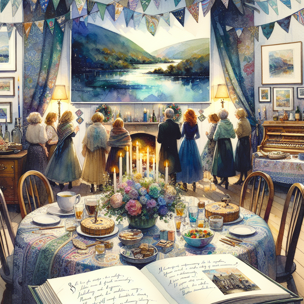 Imagine a cozy, festive birthday scene filled with warmth and cheer. The melody of Irish tunes sets a spirited ambiance that fills the room in the background. Dominating this lively space, a beautiful watercolour landscape painting in tranquil hues of blues and greens sets a calming, serene atmosphere. Surrounding a table decorated with exquisite, handmade cloth linens, guests engage in conversations centered around art and friendship. On the table, an open art journal brims with pages etched with memories of best friends, effectively echoing the day's jubilation and creative spirit.
Generated with these themes: Best friend, Irish music, Sewing, Watercolour painting , and Art journal.
Made with ❤️ by AI.