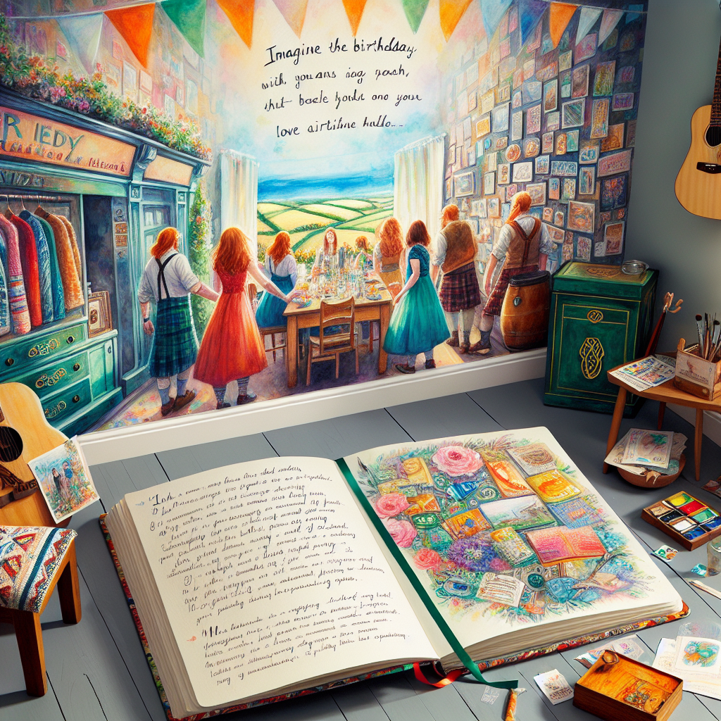 Imagine a lively room filled with the sound of traditional Irish music, lending an aura of warmth to a birthday celebration. A wall features a striking watercolour painting with bright colours that embody the theme of camaraderie and creativity. The table is adorned with a custom-made eiderdown, echoing the birthday celebrant's love for sewing. Furthermore, an opened art diary filled with watercolour drawings and meaningful messages casually lies on a small table, representing years of shared experiences and the connection between close friends.
Generated with these themes: Best friend, Irish music, Sewing, Watercolour painting , and Art journal.
Made with ❤️ by AI.