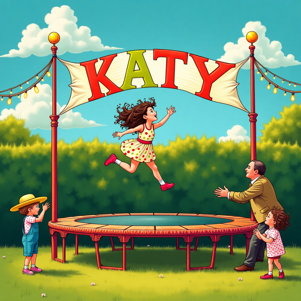 Imagine a vibrant and bustling scene bursting with whimsical energy. The setting is a garden under a brilliant blue sky, peppered with fluffy white clouds that appear almost cartoonish. A large trampoline, reminiscent of an old-fashioned carnival attraction, occupies the center of the card. It's detailed with vintage flourishes and ornate patterns along its edges, evoking the whimsical intricacies of Aubrey Beardsley's work.

In mid-air, a bright girl, clad in a kaleidoscope of colors—lime green, electric pink, and sunny yellow—leaps joyfully above the trampoline. Her hair, a riotous tangle of curls, flutters freely, mimicking the playful lines of Quentin Blake. Her dress, sprinkled with abstract shapes reminiscent of Maurice Sendak's characters, catches the sunlight with a magical shimmer.

Below, two children cheer her on, each brimming with their own unique style. One child sports a wide-brimmed straw hat, with overalls that mirror Beatrix Potter's delightful rural charm. The other child, in a polka-dot shirt and shorts, stands on tiptoe, eyes wide with awe, channeling the animated expressiveness of N.C. Wyeth.

Nearby, a man—dressed in a tweed jacket, complete with elbow patches—lends a touch of Norman Rockwell's Americana. He's caught in a clap, one foot slightly raised as if captured mid-cheer, his features drawn with a subtle elegance akin to Edward Gorey's linework.

Above this joyous tableau, a makeshift banner, hung between two tall garden poles draped in twinkling lights, reads "Katy" in bold, jubilant letters. The letters, each a different color—cerulean blue, vivid red, emerald green, and golden yellow—dance across the banner as if alive.

In the background, a hedge of lush greenery frames the scene, dotted with whimsical, oversized flowers that nod to Arthur Rackham's fanciful nature scenes. A curious squirrel peers from one of the branches, adding a playful touch in the spirit of Maxfield Parrish.

The entire scene captures the essence of a joyous birthday celebration, filled with dynamic movement and the delightful details of a storybook illustration, creating a unique and enchanting greeting card.
Generated with these themes: Bright girl jumping on a trampoline with disco music , and Cheered on by two children and a man.
Made with ❤️ by AI.
