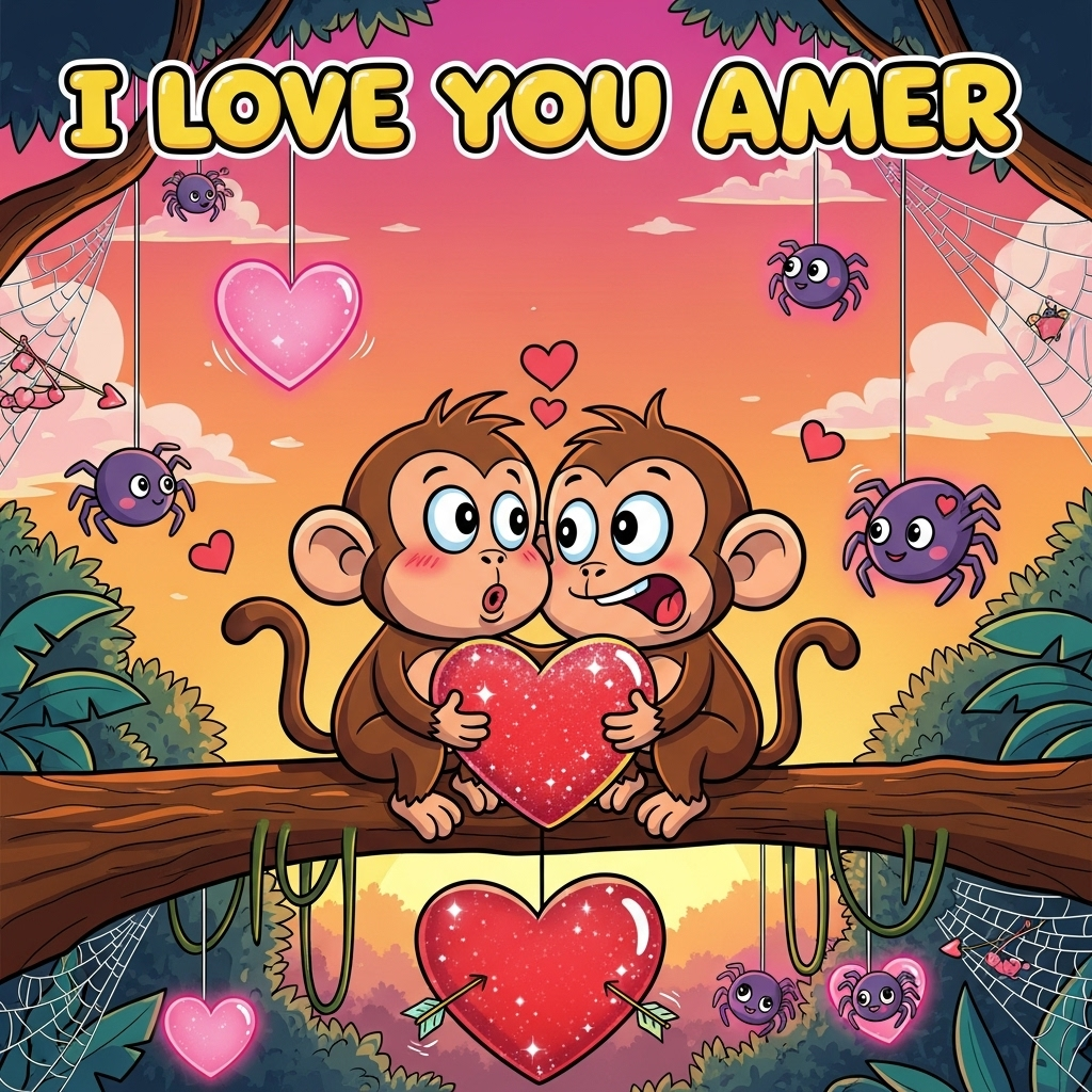 At the top of the Cartoon Style image, write in big, playful, bubble letters: **I love you Amer**.  

A whimsical, romantic cartoon scene of two adorable, wide-eyed monkeys sitting close together on a heart-shaped tree branch high in a lush jungle canopy at sunset. The monkeys have exaggerated expressions—one blushing, the other holding a giant, sparkly red heart-shaped banana. Around them, cute, friendly cartoon spiders dangle from silky heart-shaped webs, weaving glowing pink hearts in the air. Bright, saturated colors fill the background with a dreamy orange-pink gradient sky, and the thick black outlines make the characters pop. Some spiders form the shape of Cupid’s arrow in their web strands, adding a cheeky, playful vibe. The whole scene radiates warmth, humor, and affection.
Generated with these themes: Love, Romance, Monkeys, Spiders, and .
Made with ❤️ by AI.