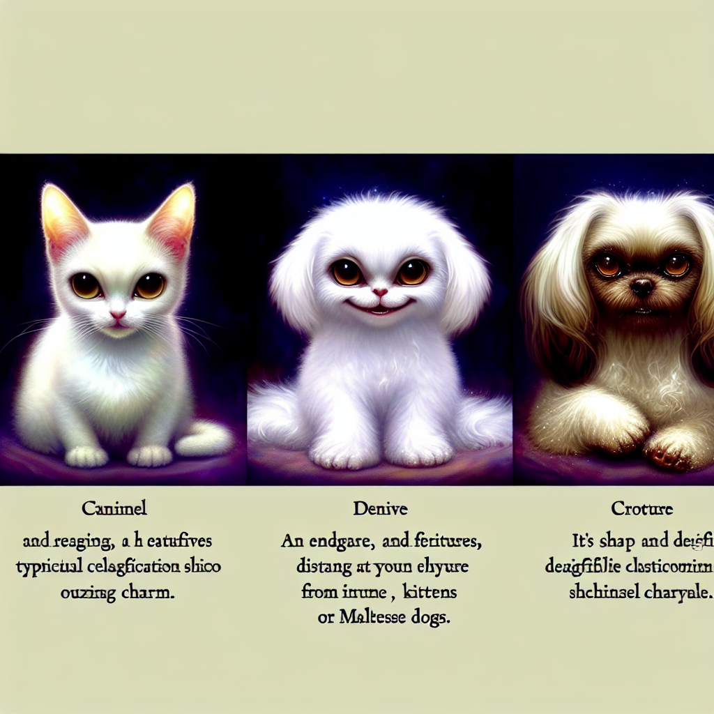 Create a whimsical, animated tableau featuring three notable entities. In the center, an endearing, elusive creature with a captivating grin stares at the viewer, its shape and features distancing it from typical classifications such as kittens or Maltese dogs. To the left of this center figure, visualize a delightful creature bathed in the hue of pure white, oozing charm. And on the right, conjure up an animal with luxurious, dark-haired fur, its brown eyes shimmering with a playful sparkle.
.
Made with ❤️ by AI.