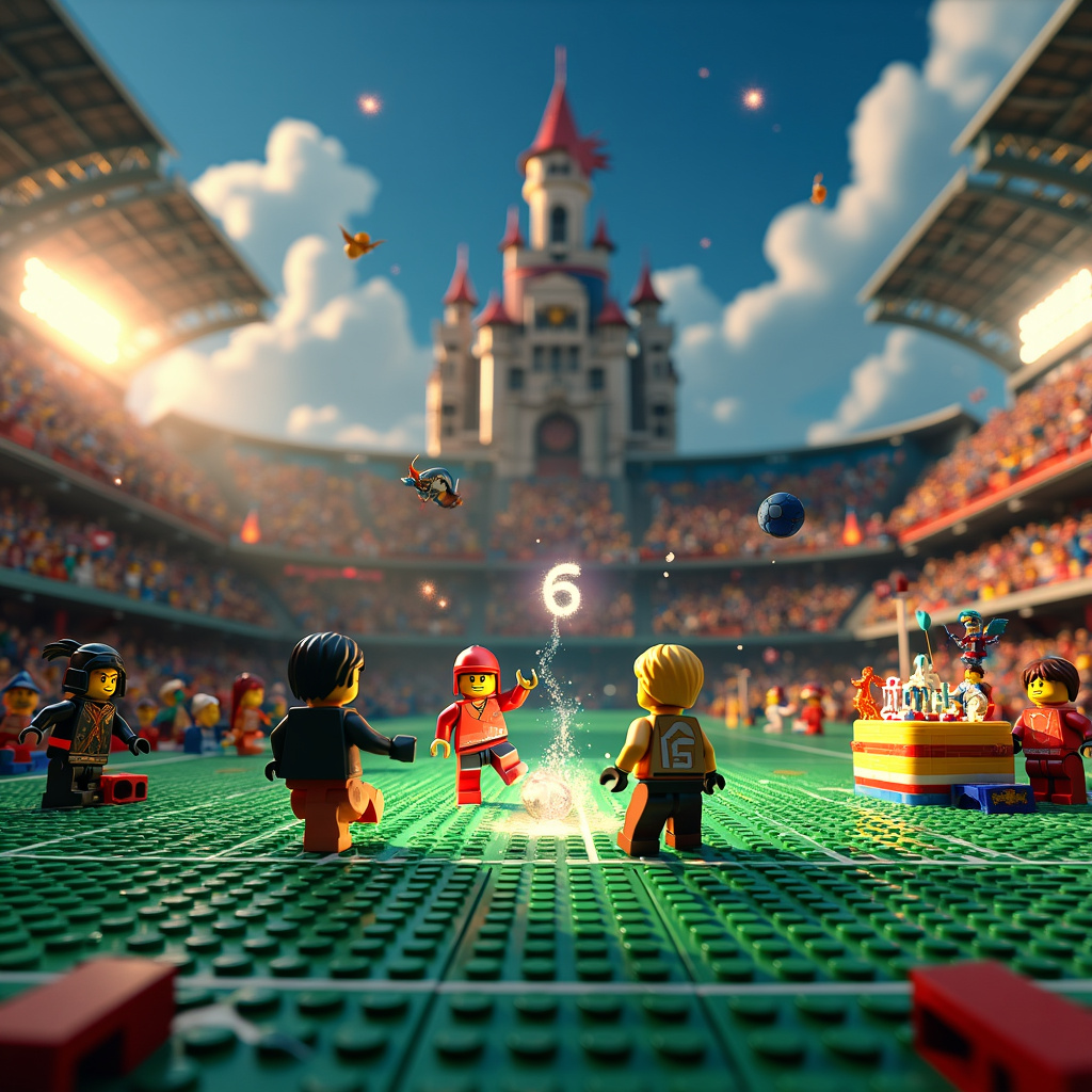 On the front of the birthday greetings card, imagine an animated, bustling scene where the worlds of Ninjago, Lego, Magic, and Football collide in a delightful birthday extravaganza. The scene unfolds in a fantastical football stadium made entirely of Lego bricks, where the pitch is enchanted to accommodate a magical soccer game. 

In the center, three Ninjago characters—dressed in their iconic ninja attire but humorously adapted with football gear—are mid-action, kicking a glowing, enchanted football. The ball leaves a trail of sparkling magic dust, reminiscent of Tinkerbell's pixie dust, as it zooms towards the goal.

Above, colorful, fluffy clouds spell out "Happy Birthday Reuben, Louie, Joey!" in a whimsical font, with each letter formed by tiny flying ninjas and magical creatures like fairies and wizards. These characters have their own little details, like a fairy with iridescent wings and a wizard with a flowing beard and starry robe.

To the right of the pitch, there's a large birthday cake built from Lego bricks. The cake has six tiers, each representing a different theme: one for Ninjago with mini ninja figures scaling the sides, one for Lego with interlocking bricks, one for Magic with tiny wands and spell books, one for Football with little players and goals, and two tiers that combine elements of all themes, showcasing a harmonious blend of the worlds. The top tier has the number "6" made out of glowing magic-infused bricks, signifying the age or milestone.

On the left, a grandstand packed with enthusiastic Lego mini-figures, ninjas, and magical beings cheer on the players. A tiny Calvin and Hobbes, as a nod to Bill Watterson, can be spotted among the spectators, enjoying the game.

In the background, a majestic castle made of Legos with a Ninjago dojo feel to it towers over the stadium. Magic banners flutter from its turrets, showing symbols from all the themes represented. 

Throughout the scene, small Easter eggs reference the artists for inspiration. A Snoopy-shaped balloon floats in the sky, a hidden Astro Boy figure peers out from behind a Lego block, and in one corner, a Calvin-esque cartoon soccer ball has a cheeky grin.

This scene perfectly captures the adventurous, whimsical, and celebratory spirit needed for Reuben, Louie, and Joey’s special day!
Generated with these themes: Ninjago, Lego, Magic, Football, and 6.
Made with ❤️ by AI.