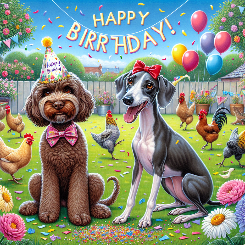 Create an engaging birthday illustration tailored for a delightful 7-year-old girl. The scenario shows a delightful garden festivity. In the center, a brown cockapoo and an Italian greyhound are seated in camaraderie, each donning a vibrant celebration hat and a bow. The cockapoo exhibits a soft grin, the greyhound's lanky tail swings energetically. Surrounding them, an ensemble of spirited hens pecks at dispersed confetti on the lawn, augmenting the jubilant mood. In the backdrop, balloons ascend towards the heavens, and a banner proclaims 'Happy Birthday!'
Generated with these themes: 7, Niece, Brown cockapoo, Italian greyhound, and Chickens.
Made with ❤️ by AI.