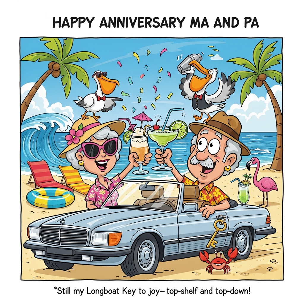 Longboat key, cocktails, Mercedes, and Anniversary Card